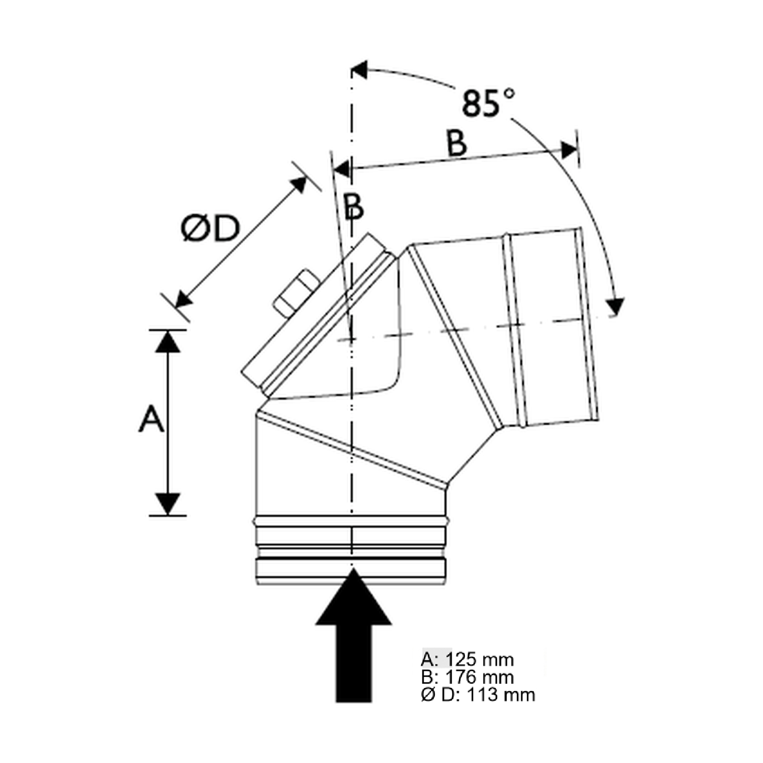 Schiedel PRIMA PLUS coude 85° Ø113 mm avec fermeture de révision pour combustibles solides simple paroi mat