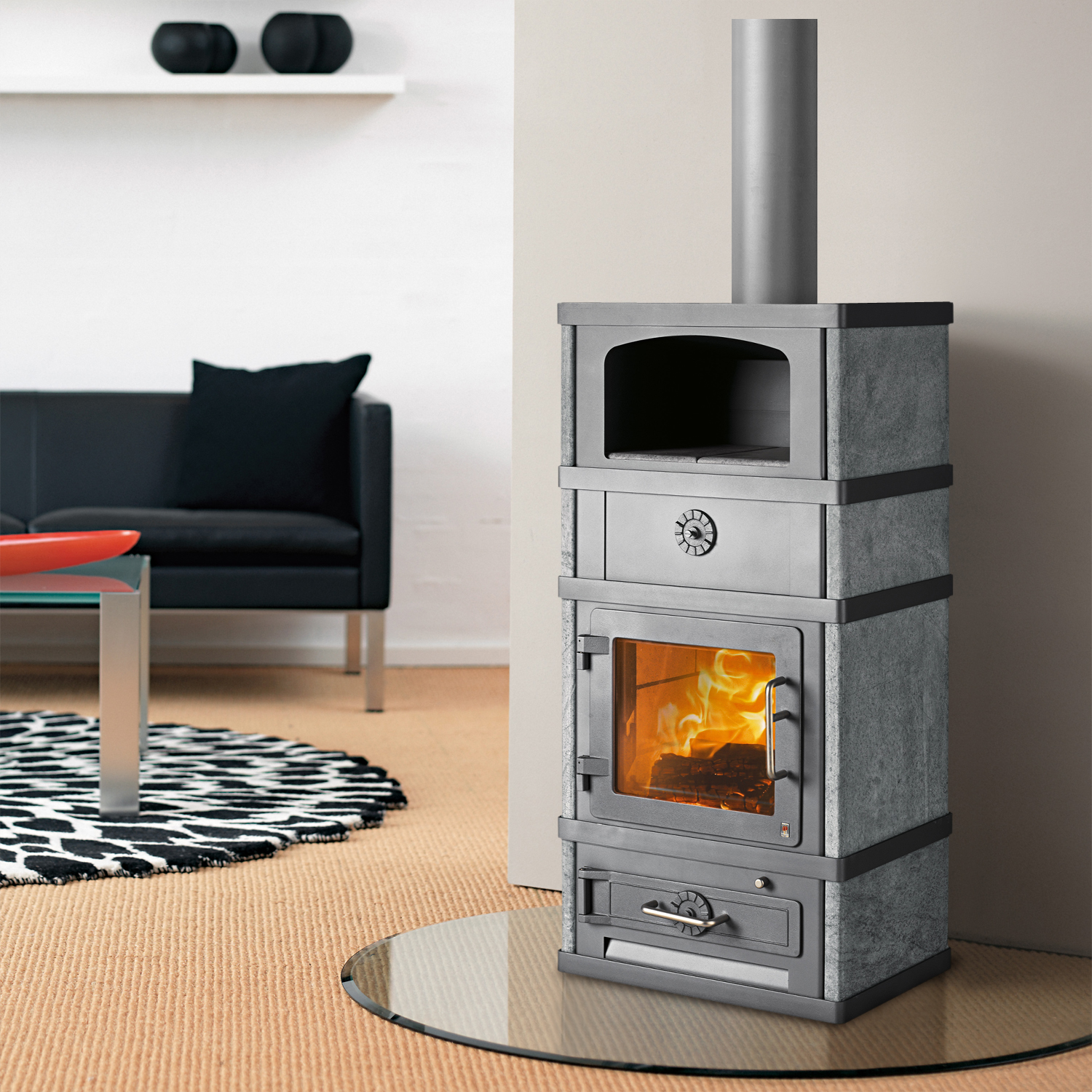 Poêle à bois Lotus 2080 avec compartiment de maintien au chaud Gris, sortie de fumée par le haut