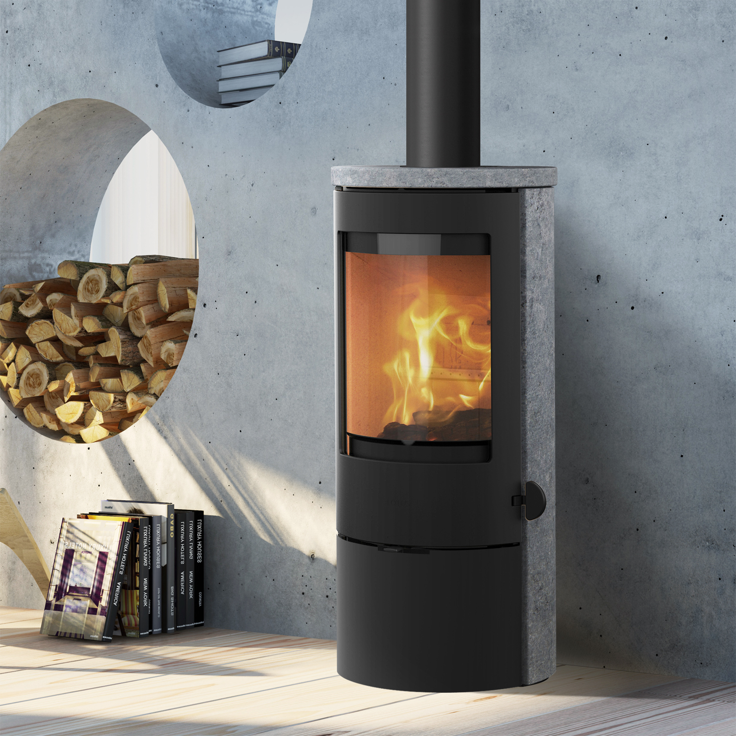 Lotus Prestige Basic S Poêle à bois en pierre ollaire, porte noire, évacuation des fumées par le haut. Lotus Prestige Basic S Poêle à bois en pierre ollaire, porte noire, évacuation des fumées par le haut.
