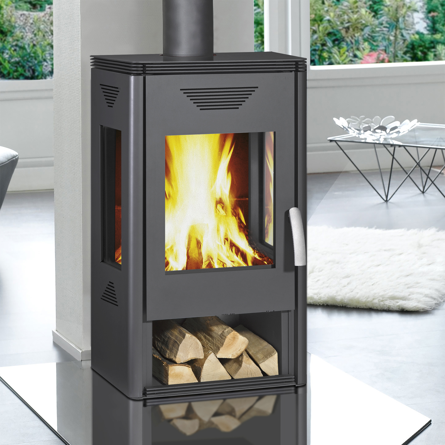 Wamsler Trion H poêle à bois en acier gris avec compartiment de rangement pour le bois
