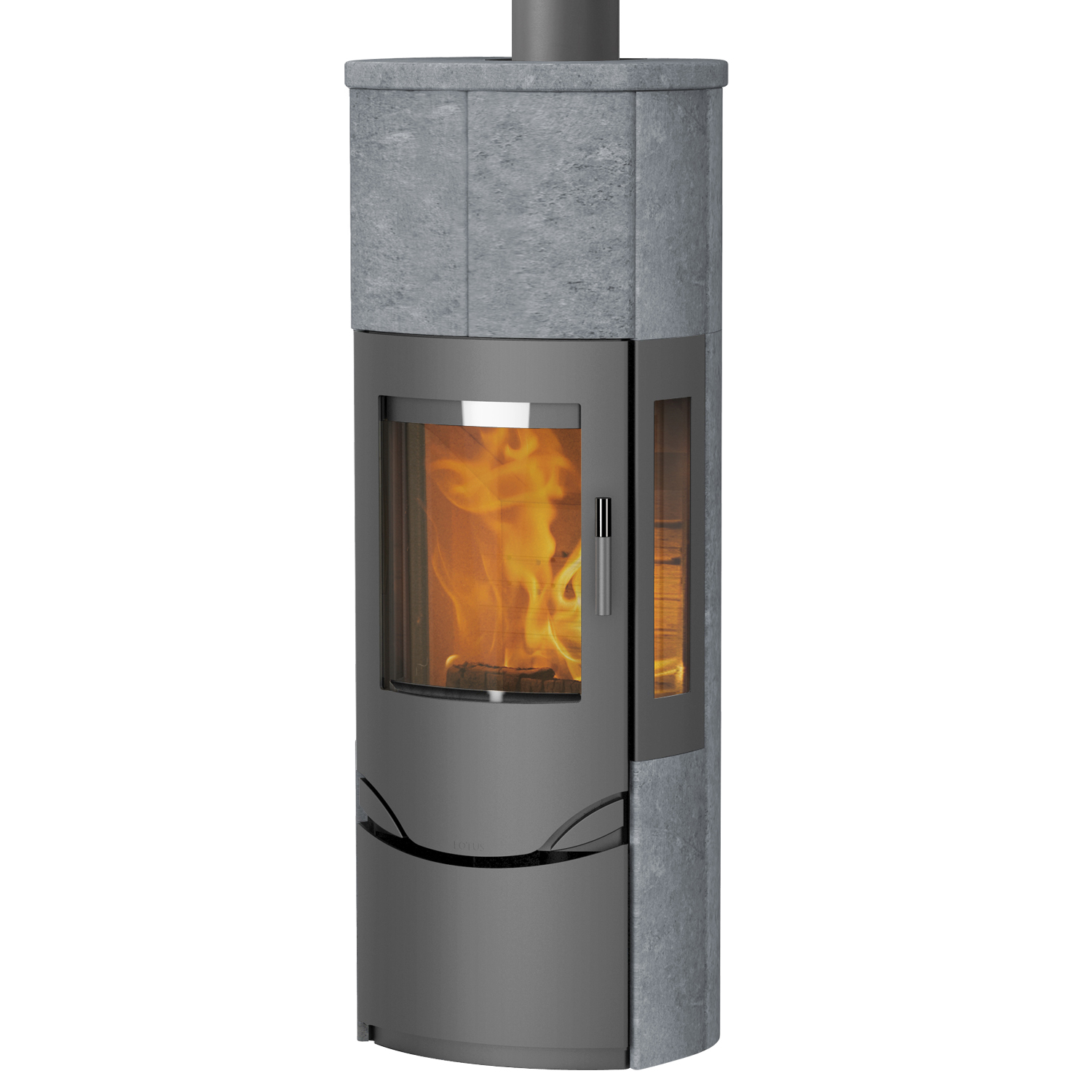 Lotus Prio M Poêle à bois Gris / Pierre ollaire / Verre latéral, incl. PowerStones, RR arrière ou RR supérieur