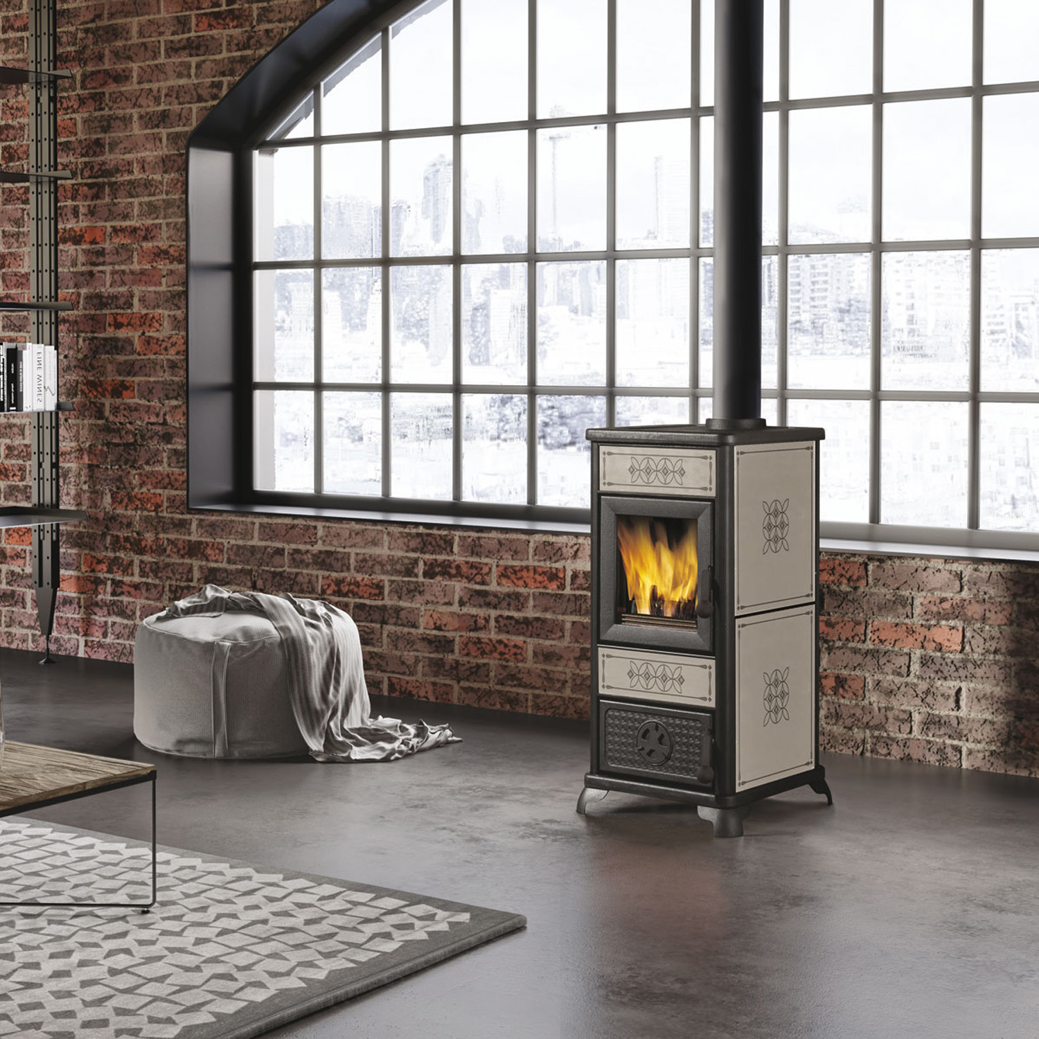 EK63 Decor Evo Poêle à bois céramique gris tourterelle