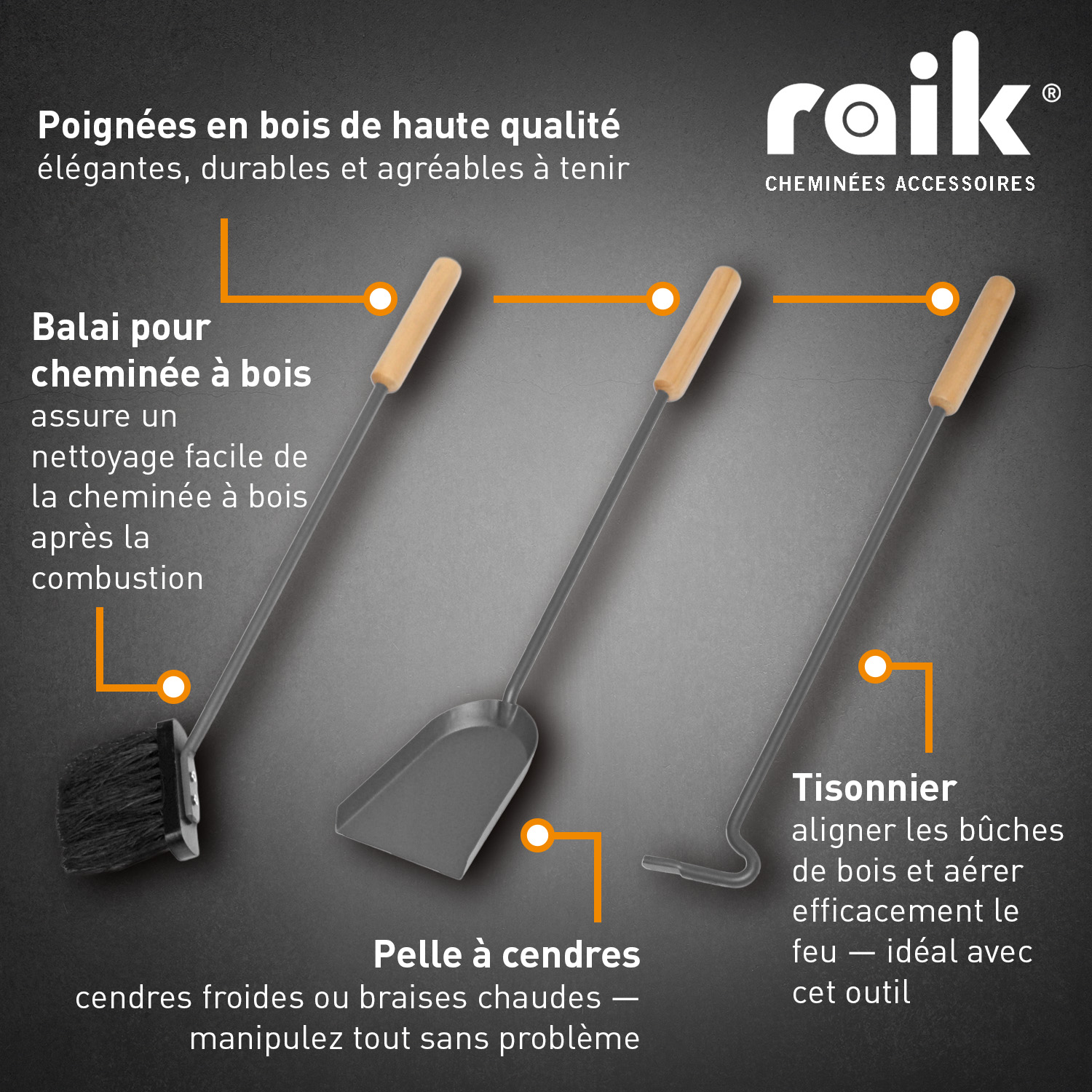 Raik Ensemble d'outils de cheminée Otto, 3 pièces, gris, poignées en bois, 64 cm.