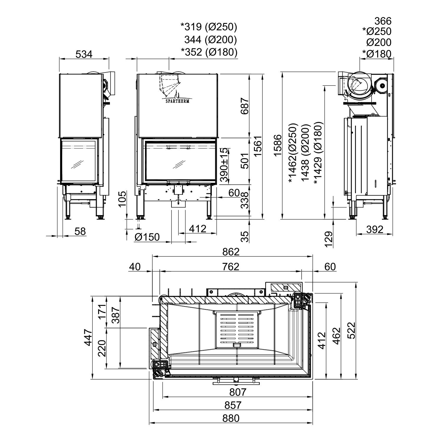 Spartherm Varia 2R-80h 2.0 Insert de cheminée d'angle