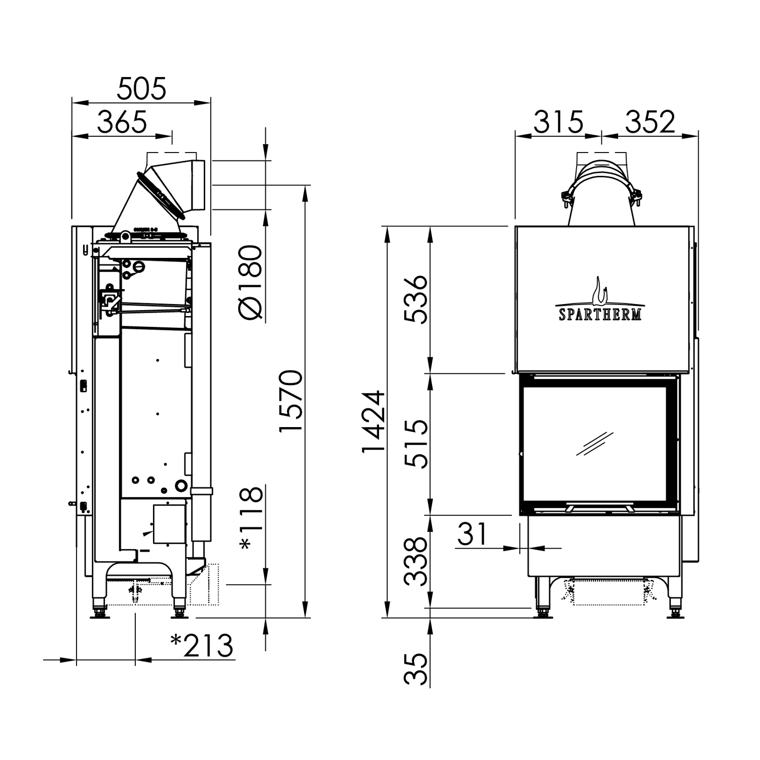 Spartherm Varia 2R-55h H2O insert de cheminée à eau d'angle