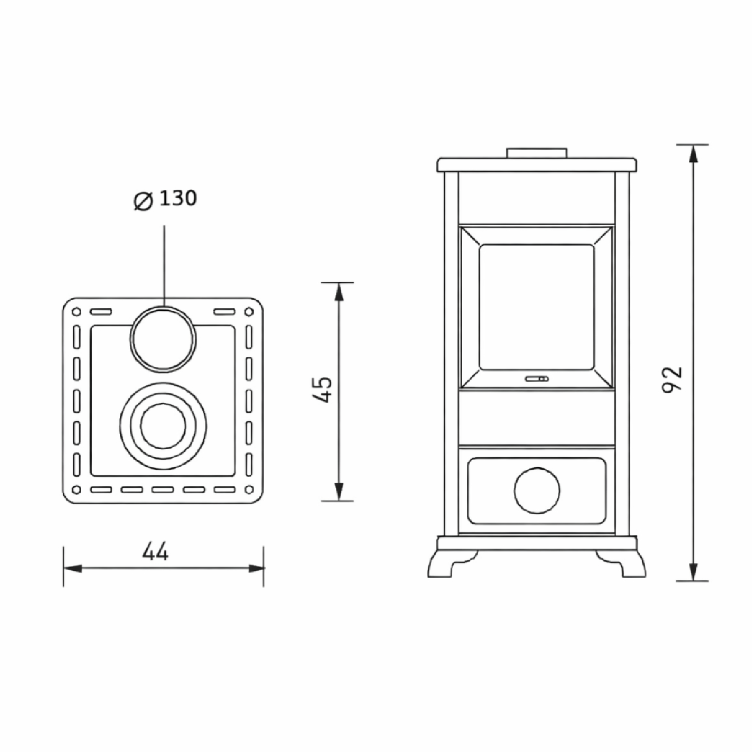 EK63 Decor C poêle à bois céramique gris colombe tuyau de fumée dessus