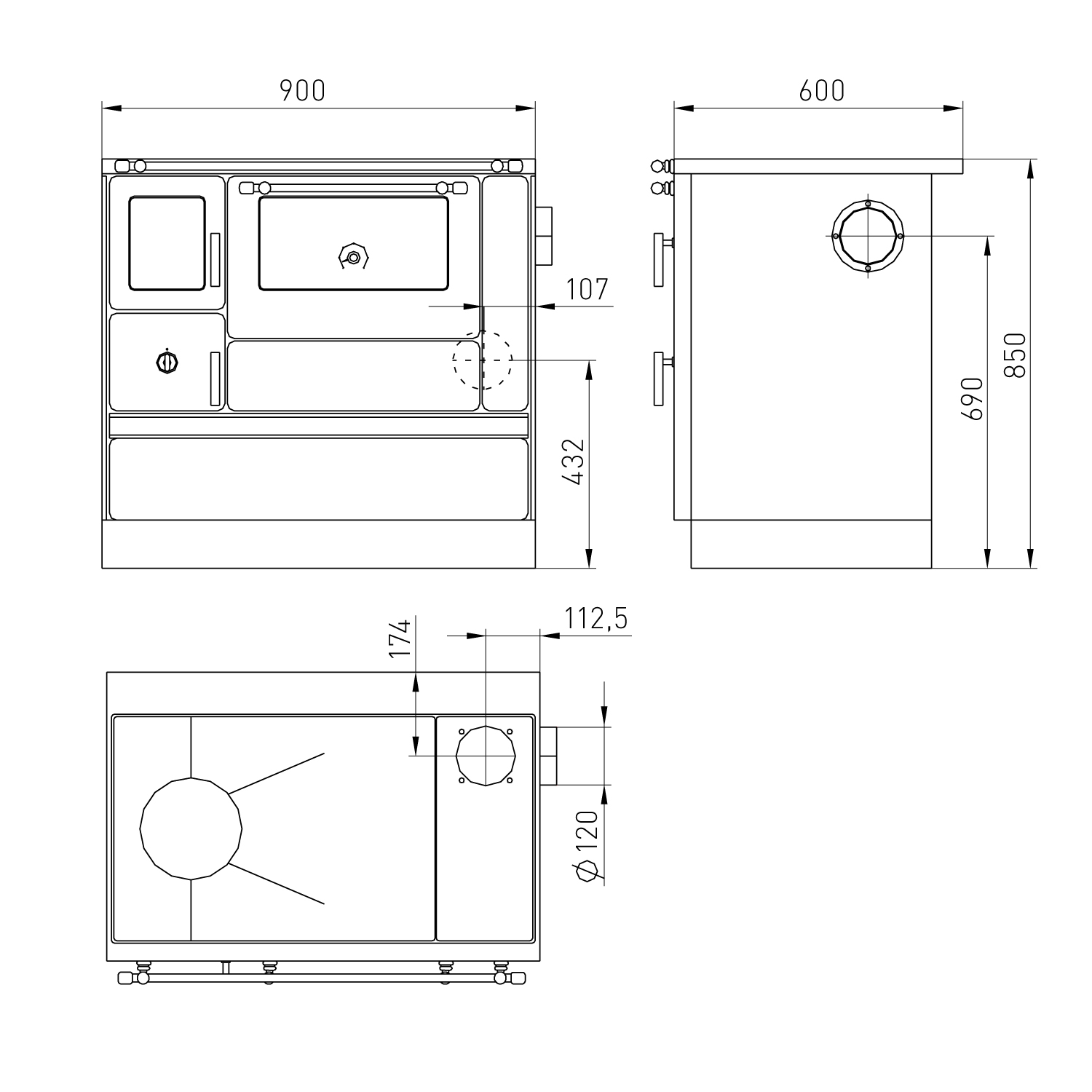 Wamsler K 176 F/A 90 Poêle de cuisine Acier Noir, Surface de cuisson en acier, Four à droite