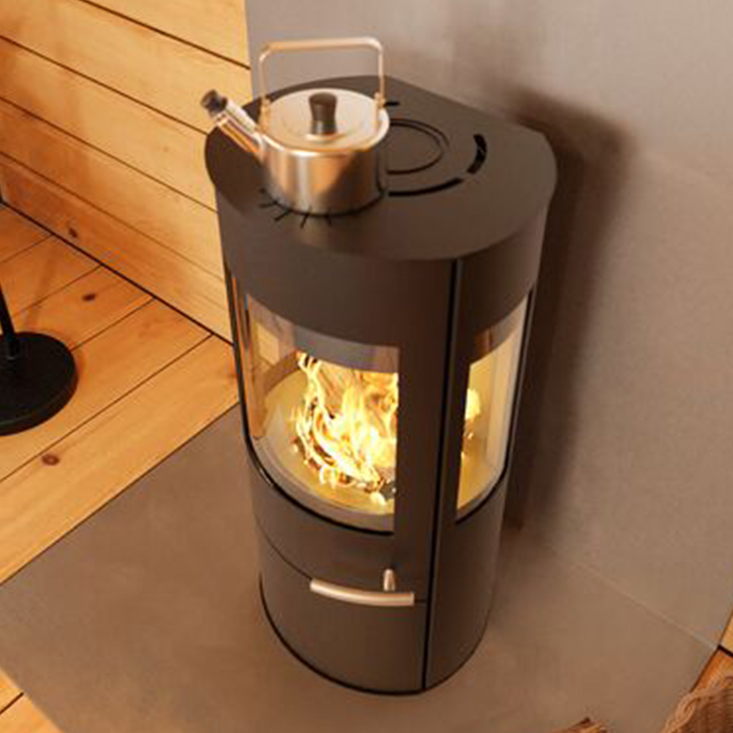 Haas+Sohn VITUS.l acier poêle à bois 3 vitres avec plaque de cuisson avec compartiment range-bûches et porte noir profond