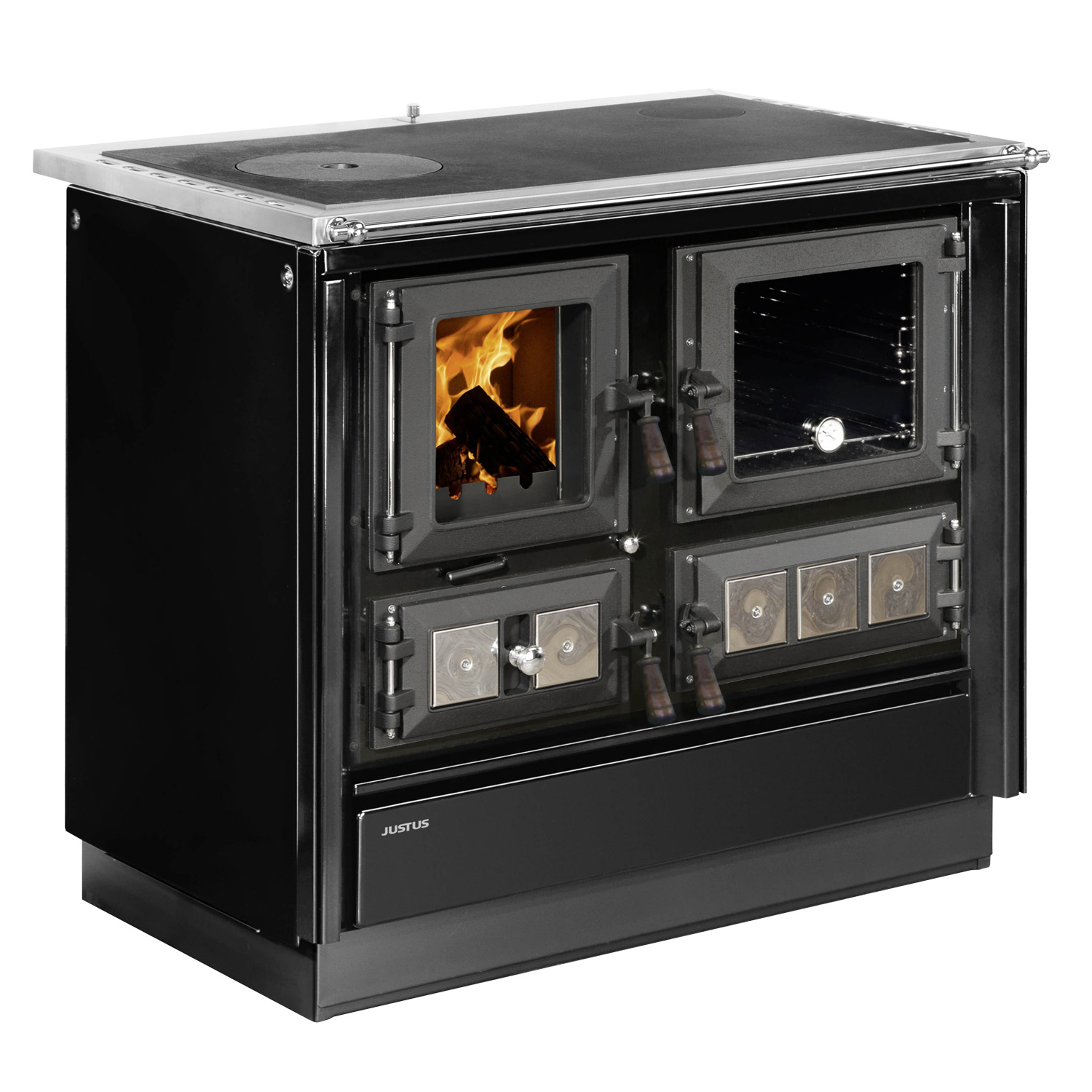Justus Rustico-90 2.0 poêle de cuisine en acier noir, compartiment de cuisson à droite