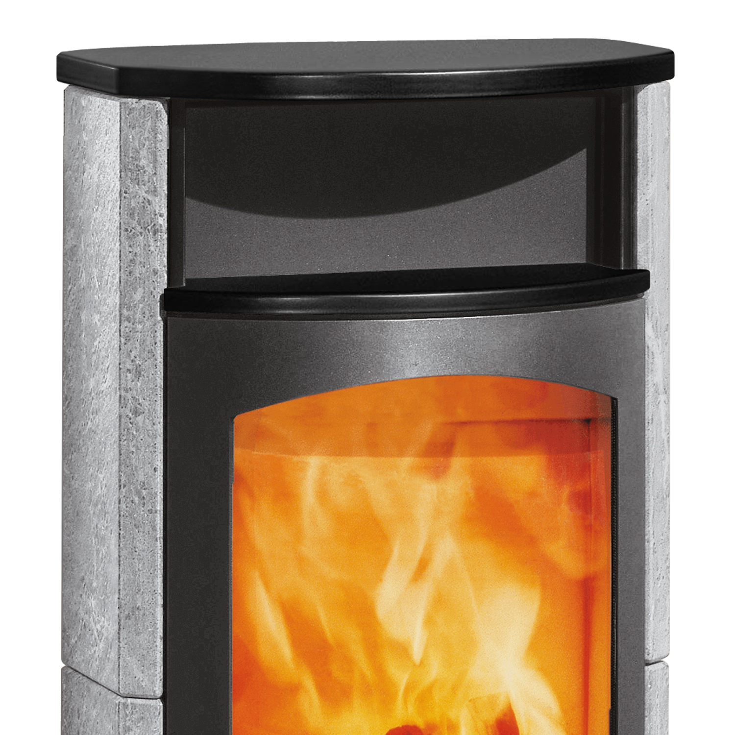 Austroflamm Koko 2.0 Poêle à bois en pierre ollaire, compartiment de maintien au chaud en céramique noir mat, plaque supérieure en céramique noir mat, sortie de fumée arrière