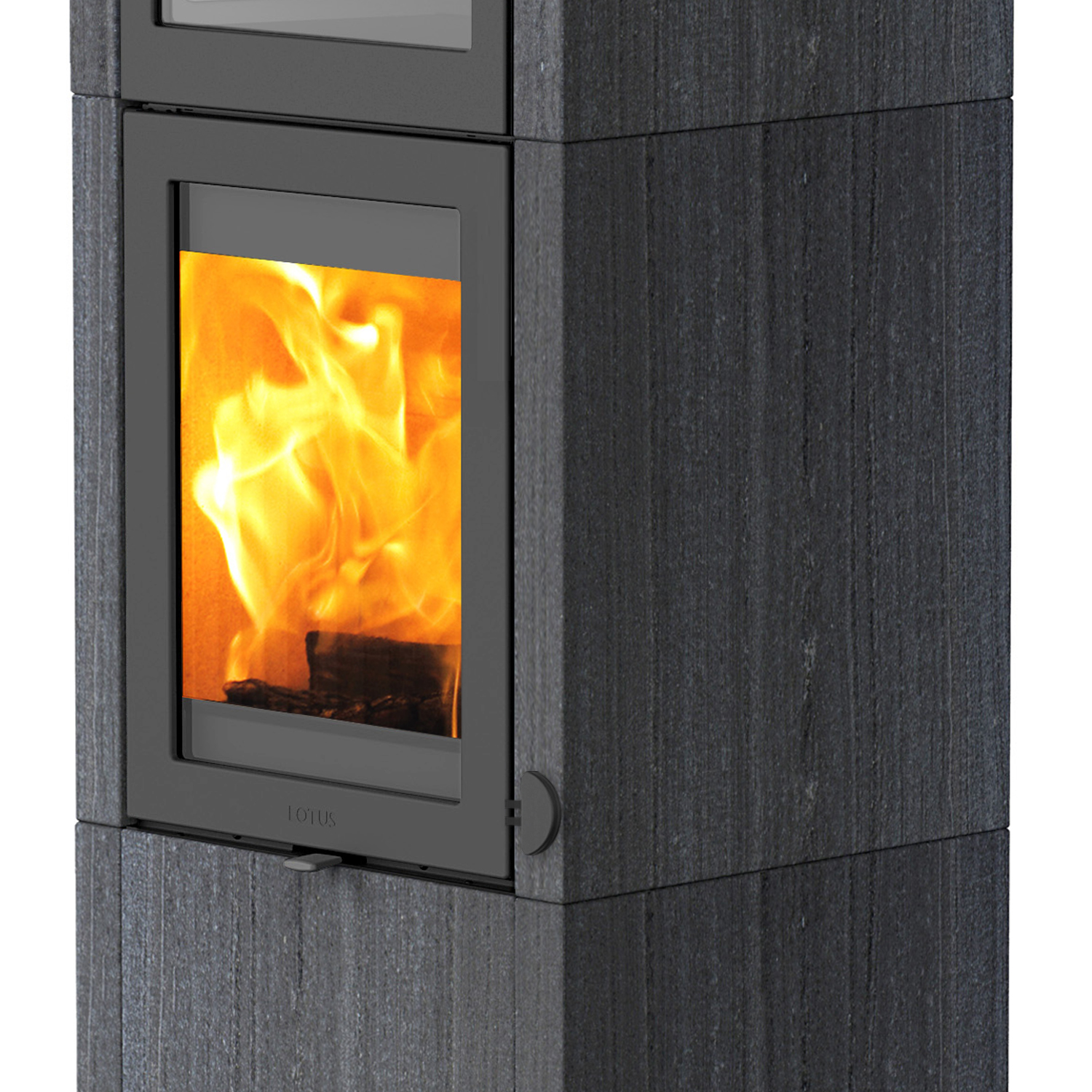 Poêle à bois Lotus QM40 Indian Night / Porte grise avec compartiment de cuisson, sortie de fumée par le haut