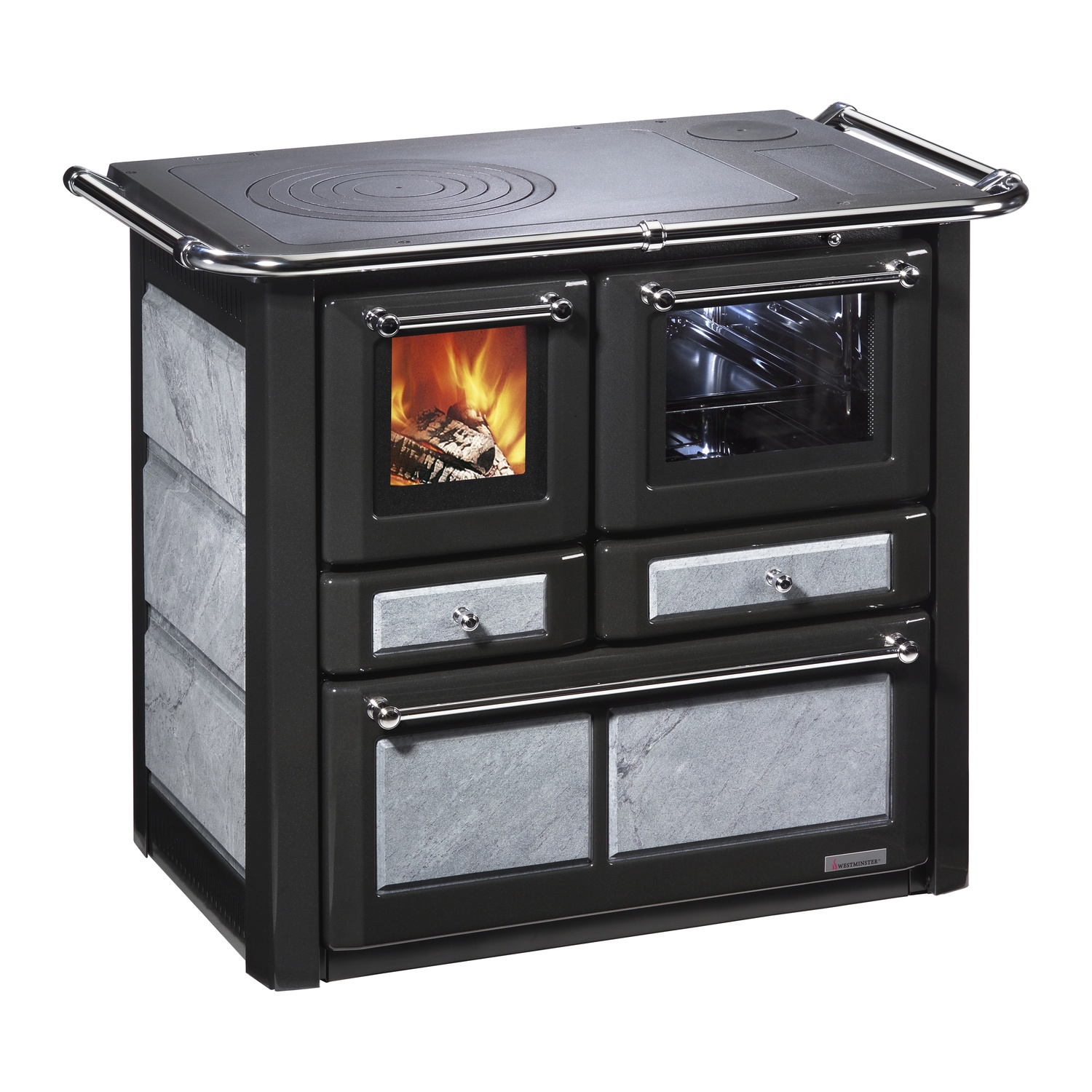 Westminster cuisinière à bois K 85 F II raccordement tuyaux pierre naturelle droite