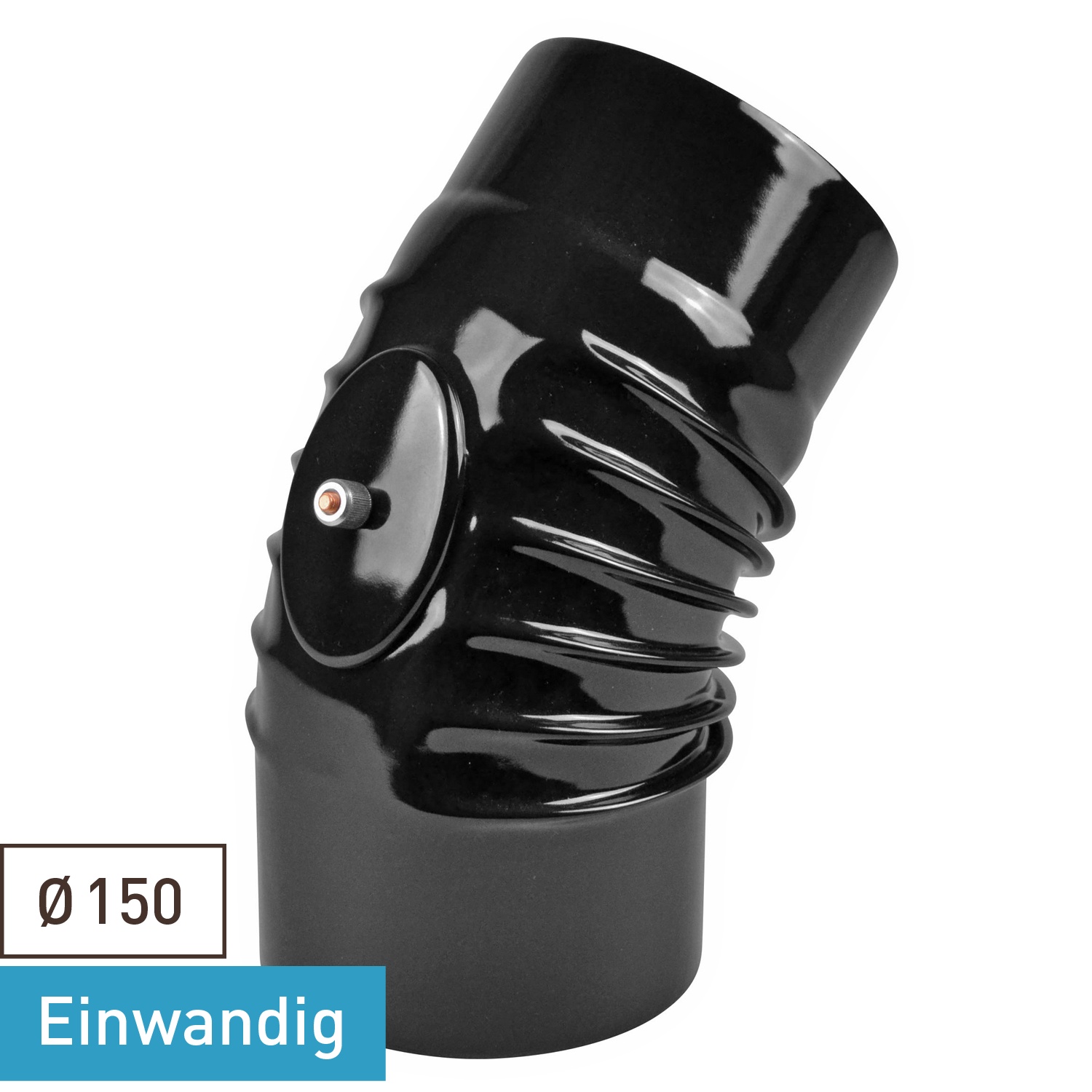 Coude de conduit de fumée / Coude de tuyau de poêle émaillé 150 mm - Coude à 45° nervuré noir avec ouverture de nettoyage