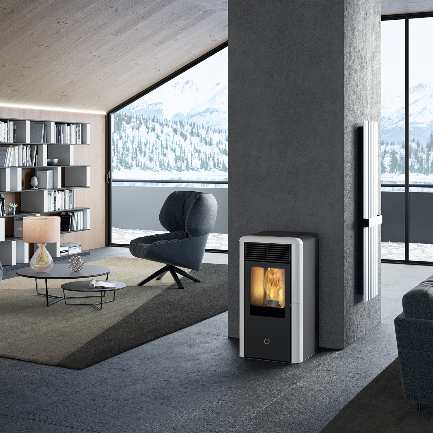EK63 Spot100 H poêle à granulés bouilleur céramique blanc crème RR arrière