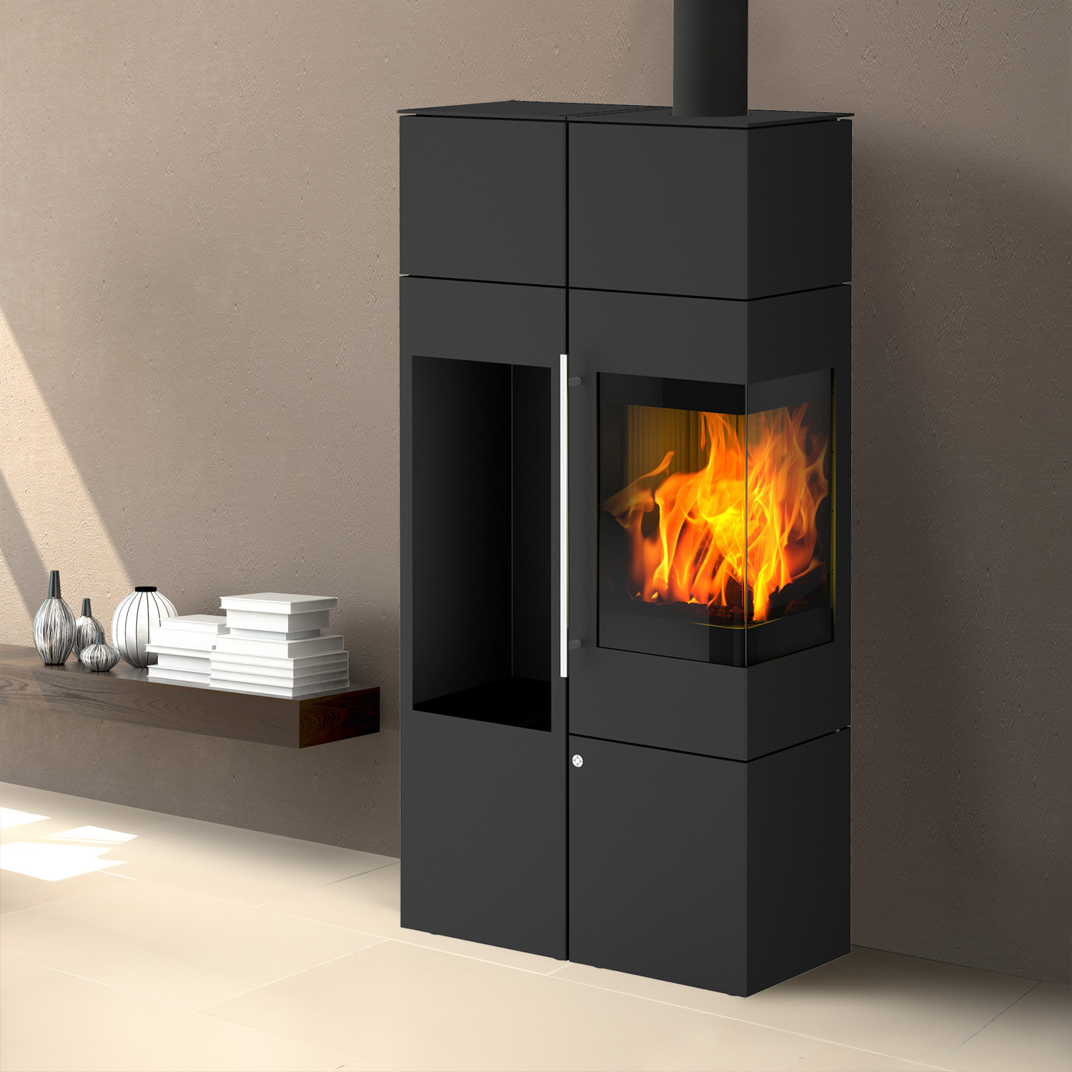Olsberg Ipala Smart Compact poêle à bois en acier noir, ouverture de porte à droite, porte en acier avec module de stockage et étagère à bois à gauche.
