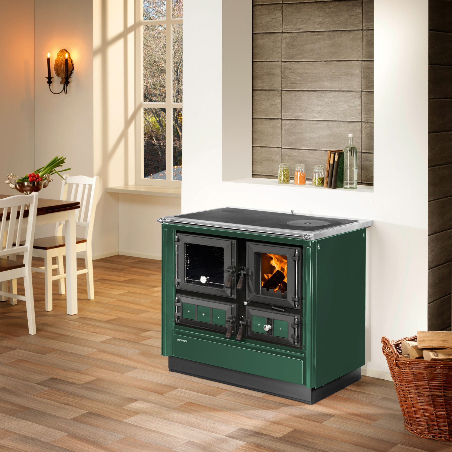 Justus Rustico-90 2.0 Cuisinière à bois en acier vert, four à gauche