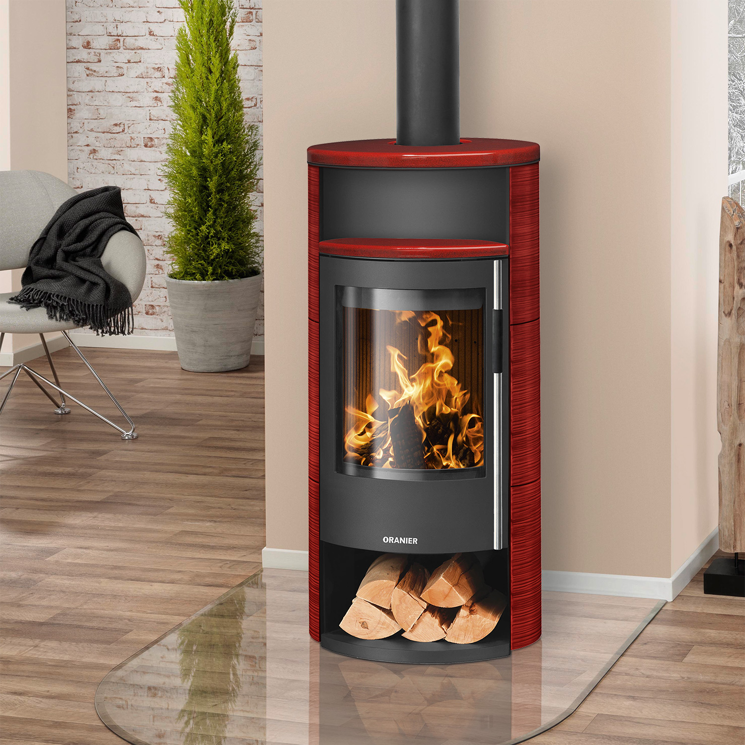 Oranier Polar Neo 6 Poêle à bois Acier Noir / Céramique Rouge Paprika, DIBt