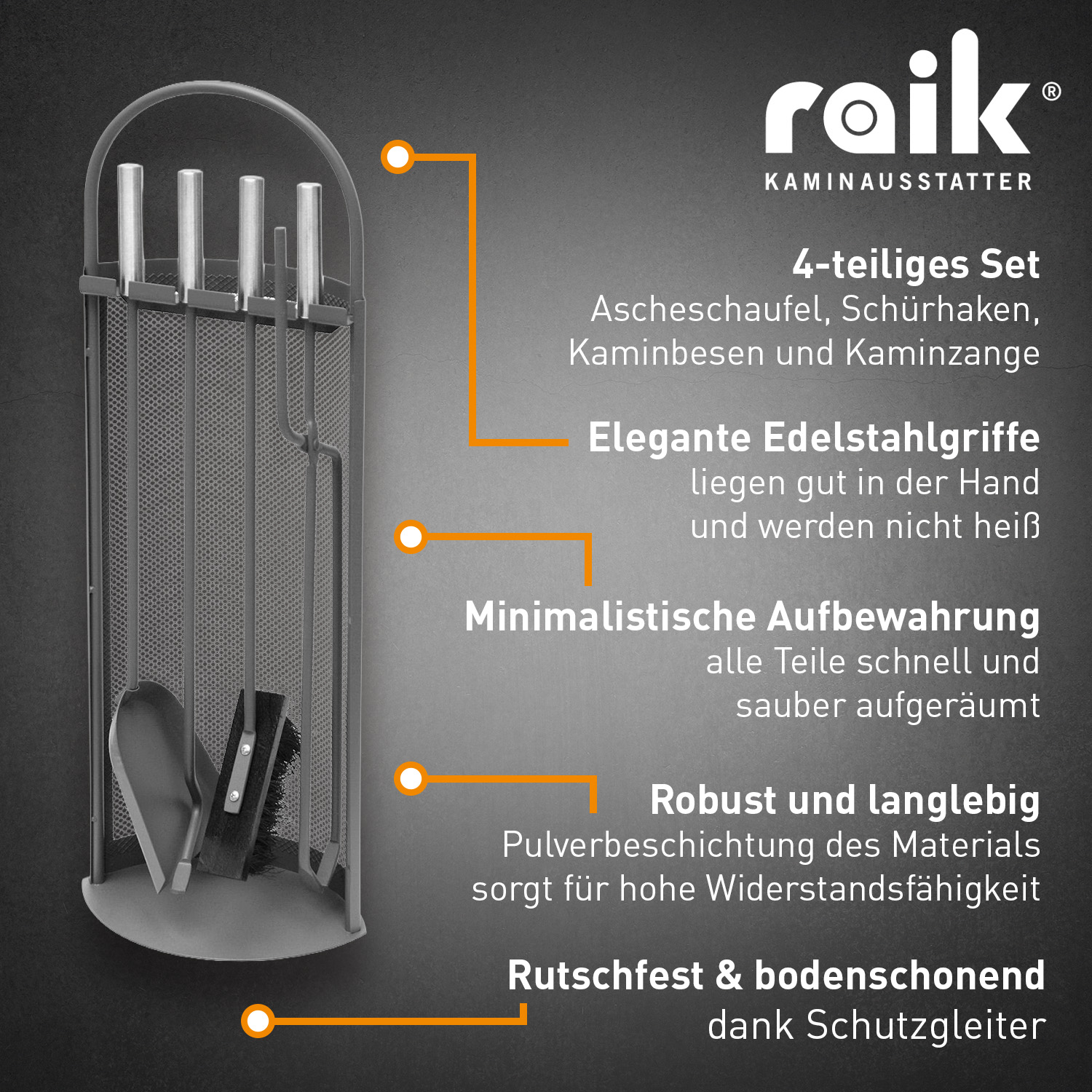 Ensemble d'accessoires pour cheminée Raik Arthur, 4 pièces, anthracite, poignées en acier inoxydable, 66 cm