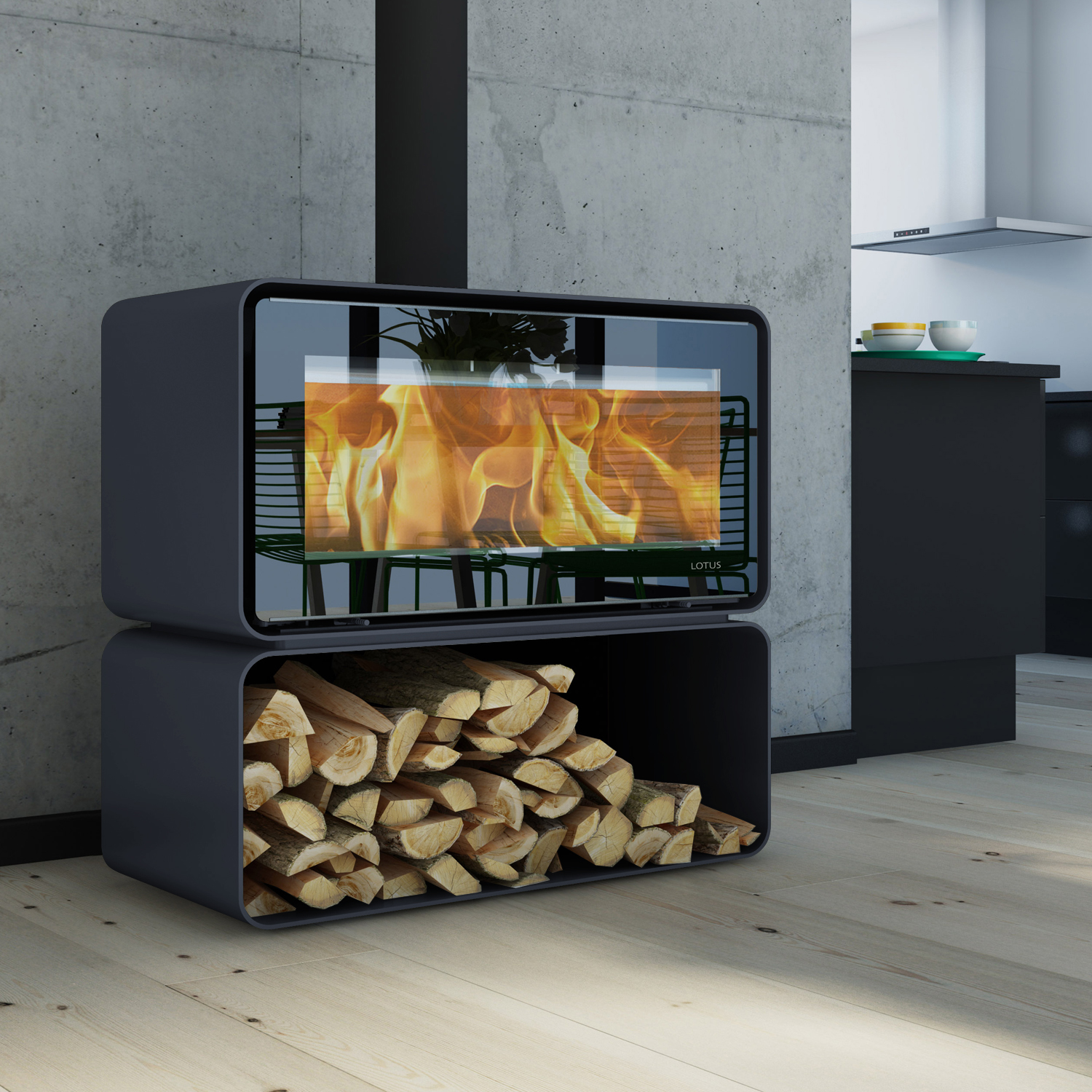 Poêle à bois Lotus Living Cube Ocean Dark, sortie de fumée par le haut