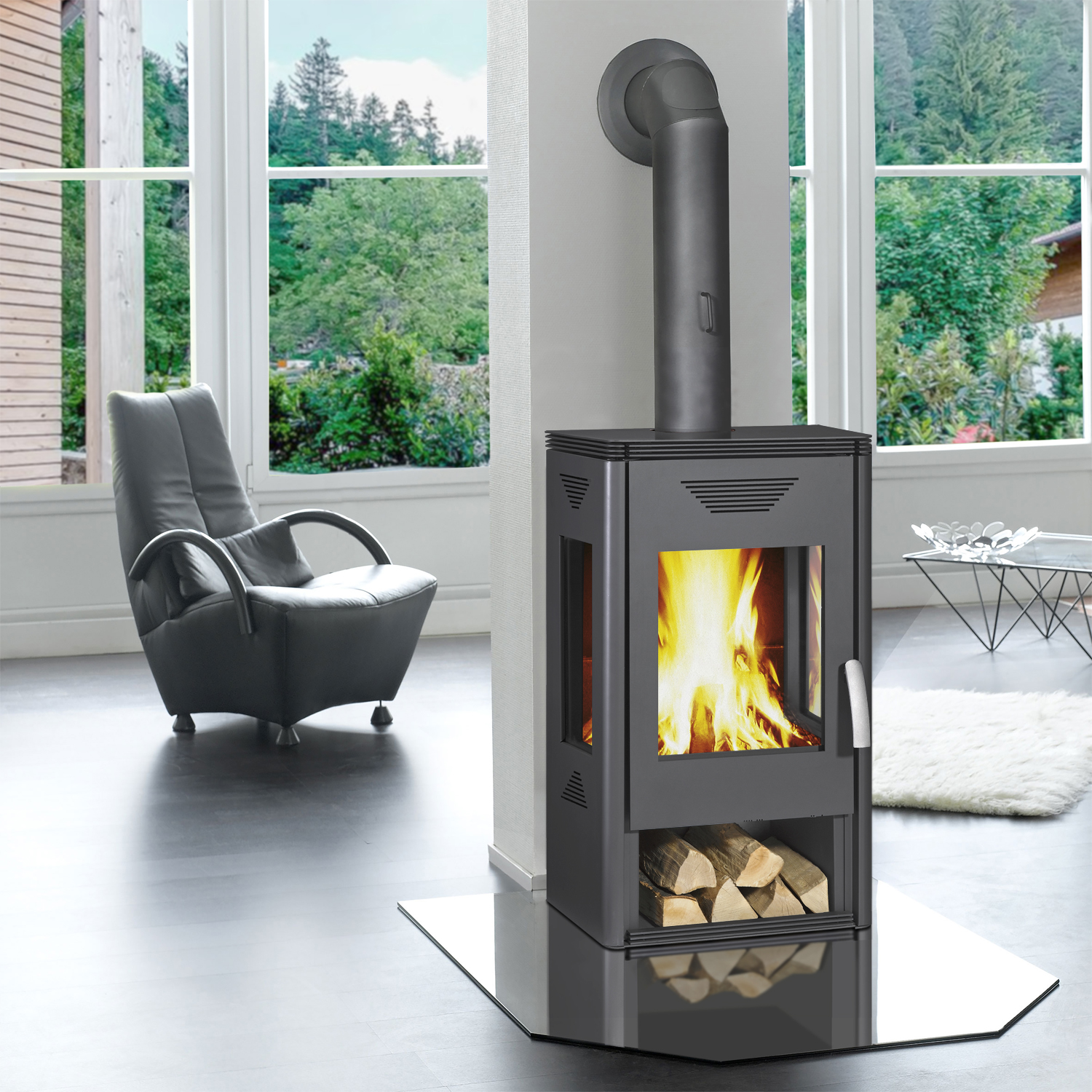 Wamsler Trion H poêle à bois en acier gris avec compartiment de rangement pour le bois