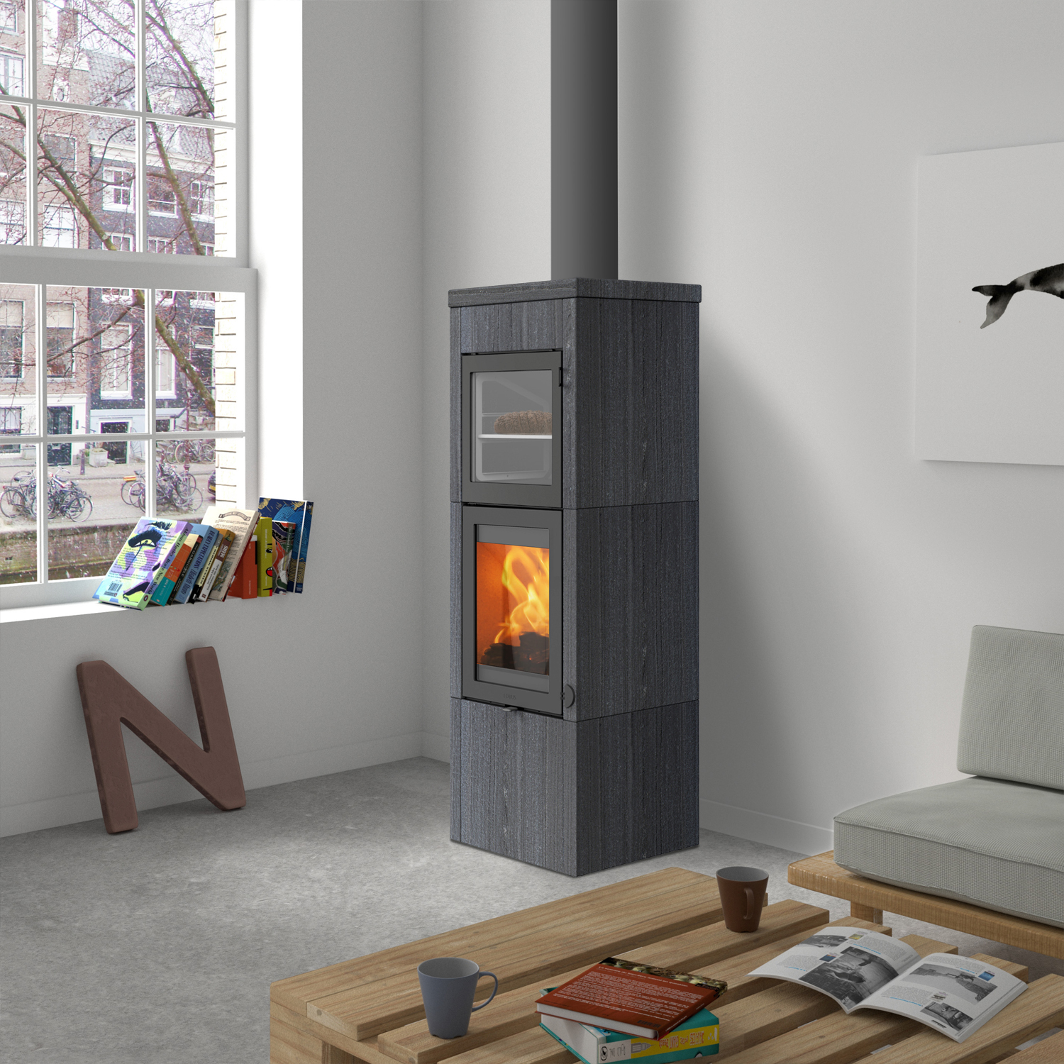 Poêle à bois Lotus QM40 Indian Night / Porte grise avec compartiment de cuisson, sortie de fumée par le haut