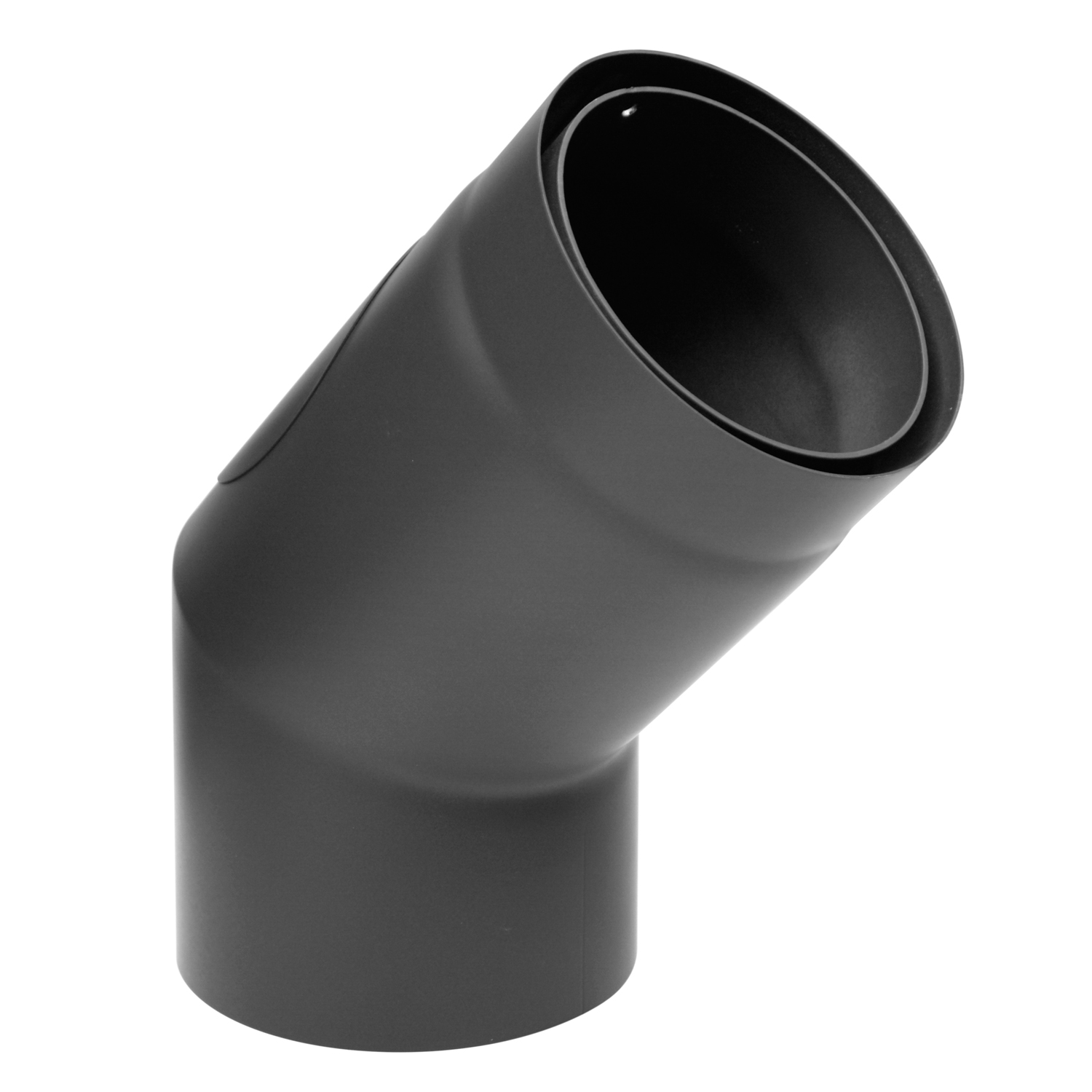 Coude de conduit de fumée / Tuyau de poêle Izoker double paroi avec isolation, diamètre 150 mm, 45°, noir, avec ouverture de nettoyage. Coude de conduit de fumée / Tuyau de poêle Izoker double paroi avec isolation, diamètre 150 mm, 45°, noir, avec ouverture de nettoyage.