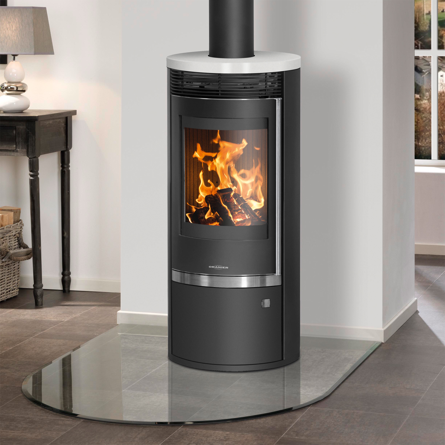 Oranier Rota Top 2.0 Poêle à bois en acier noir avec plaque de recouvrement en céramique blanc soie
