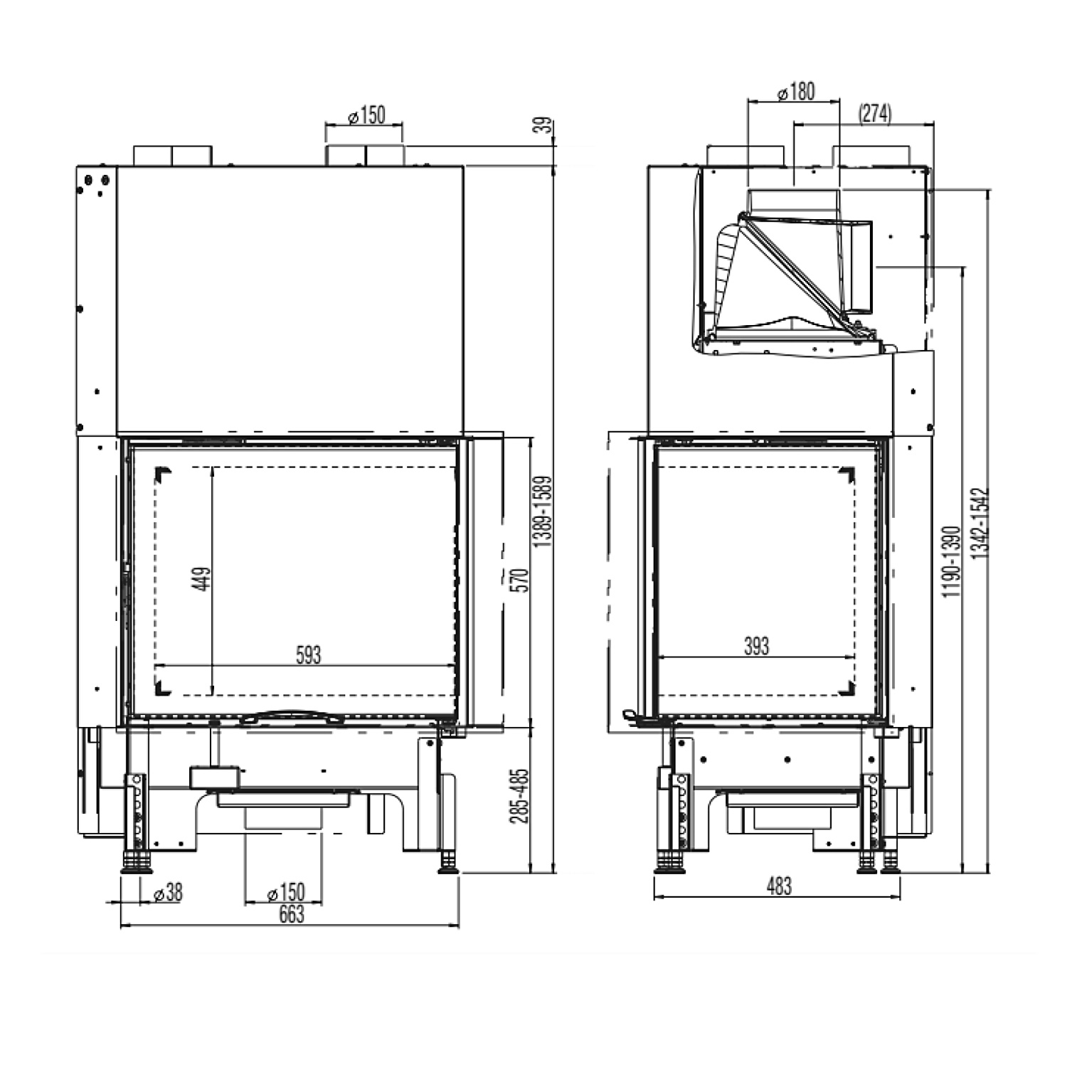 Austroflamm 69x49x57 S 2.0 Insert de cheminée angle droit