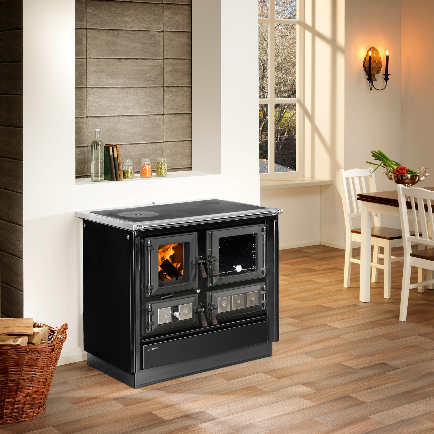 Justus Rustico-90 2.0 poêle de cuisine en acier noir, compartiment de cuisson à droite