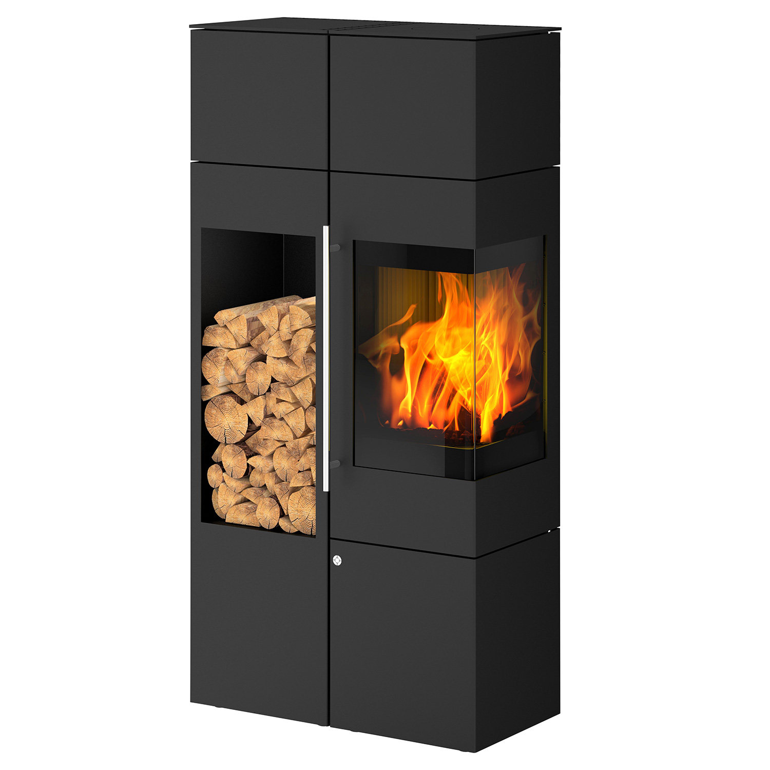 Olsberg Ipala Smart Compact poêle à bois en acier noir, ouverture de porte à droite, porte en acier avec module de stockage et étagère à bois à gauche.