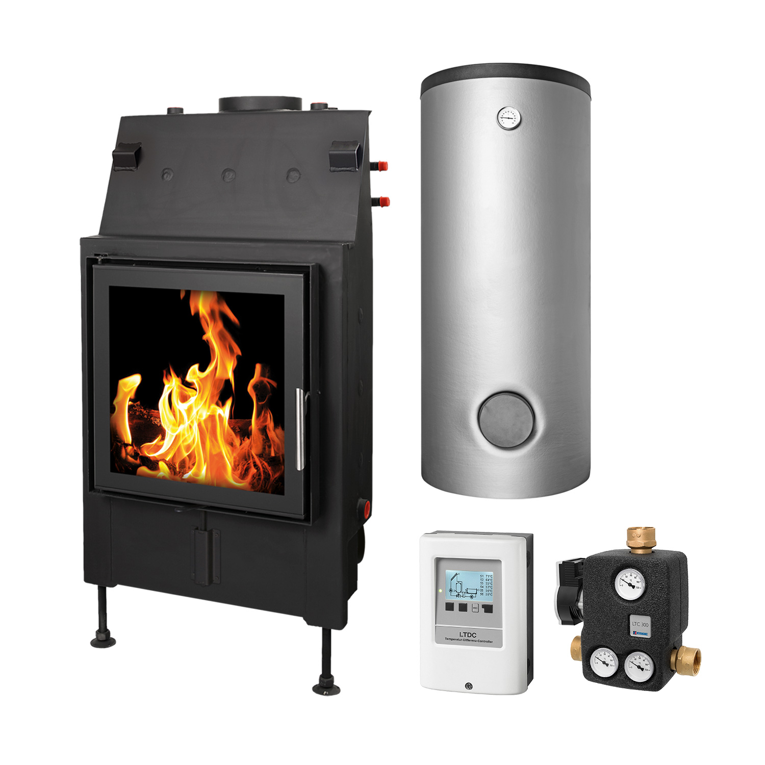 Schmitzker No4 15kW insert de cheminée à eau avec cadre en verre - Ensemble complet avec réservoir tampon SHS 750 + 1 SWT Schmitzker No4 15kW insert de cheminée à eau avec cadre en verre - Ensemble complet avec réservoir tampon SHS 750 + 1 SWT