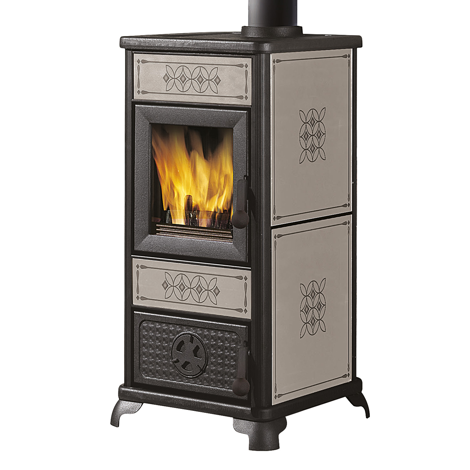 Poêle à bois EK63 en céramique gris colombe avec sortie de fumée par le haut