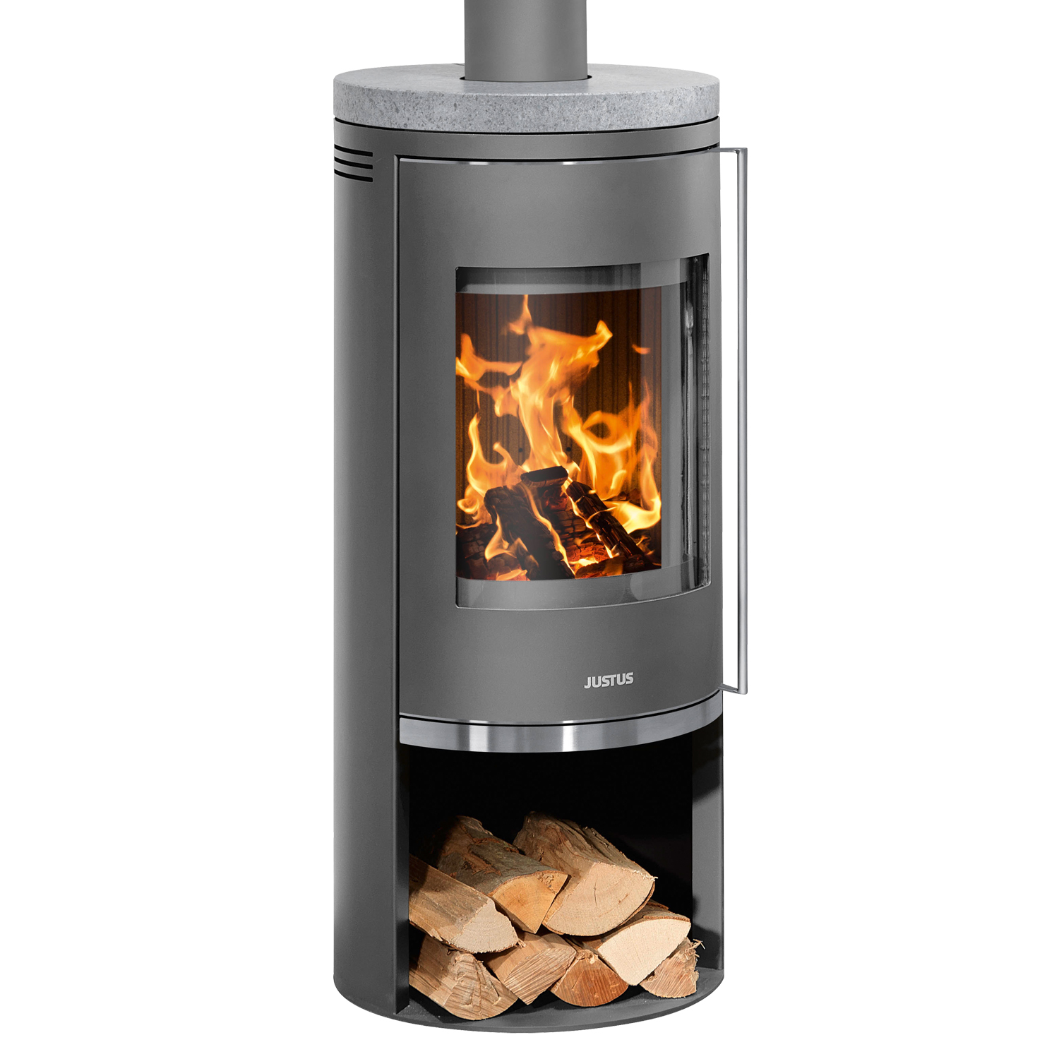 Justus Faro 2.0 Poêle à bois en acier gris fonte avec plaque de recouvrement en stéatite.