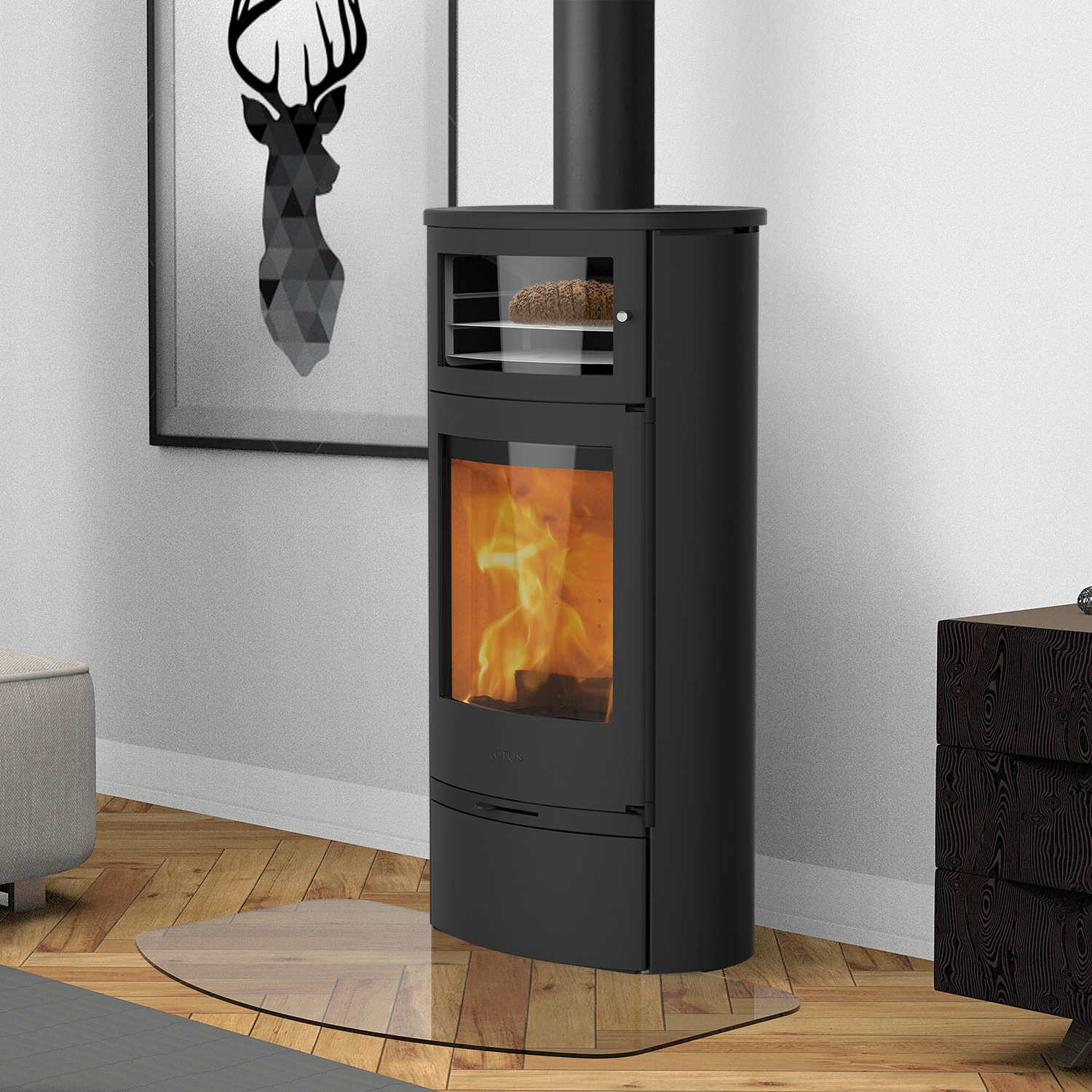 Poêle à bois Lotus Jubilee 35 avec compartiment de maintien au chaud Noir, sortie de fumée par le haut