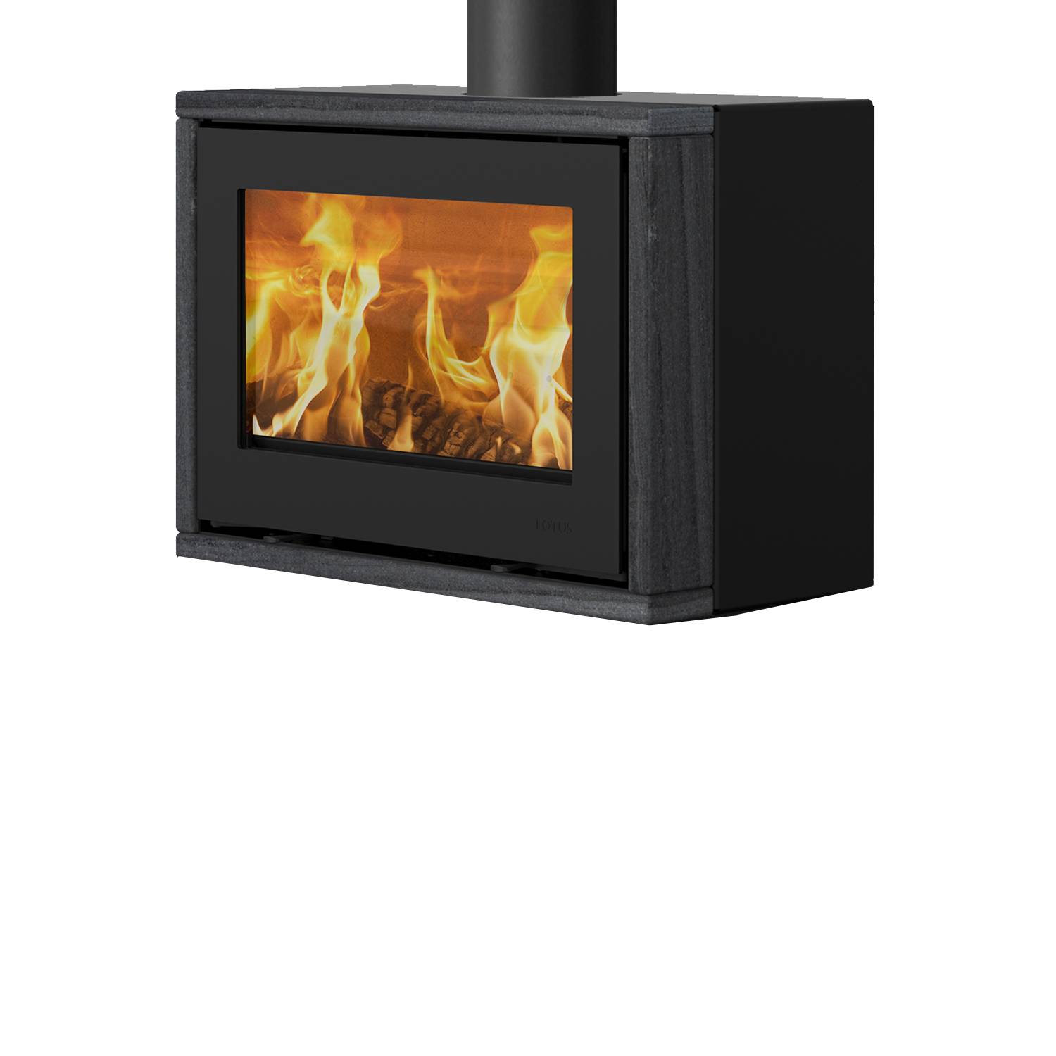 Lotus poêle à bois Style 370 sans socle noir/ Indian Night, RR arrière ou RR dessus / en option variantes de poignée