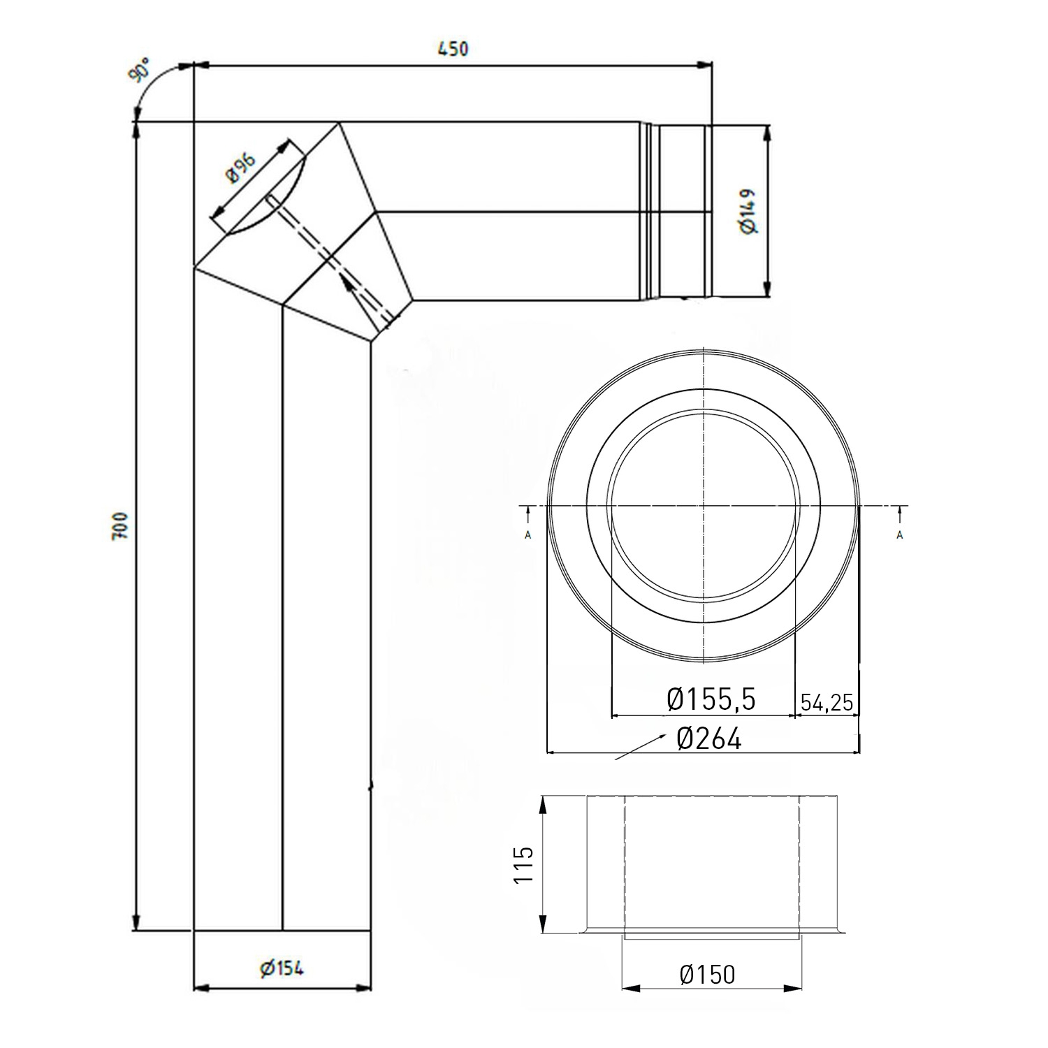 Raik set WBG LS diamètre 150/90° 2,00mm 3-pièces 700/450 avec porte intégrée noir