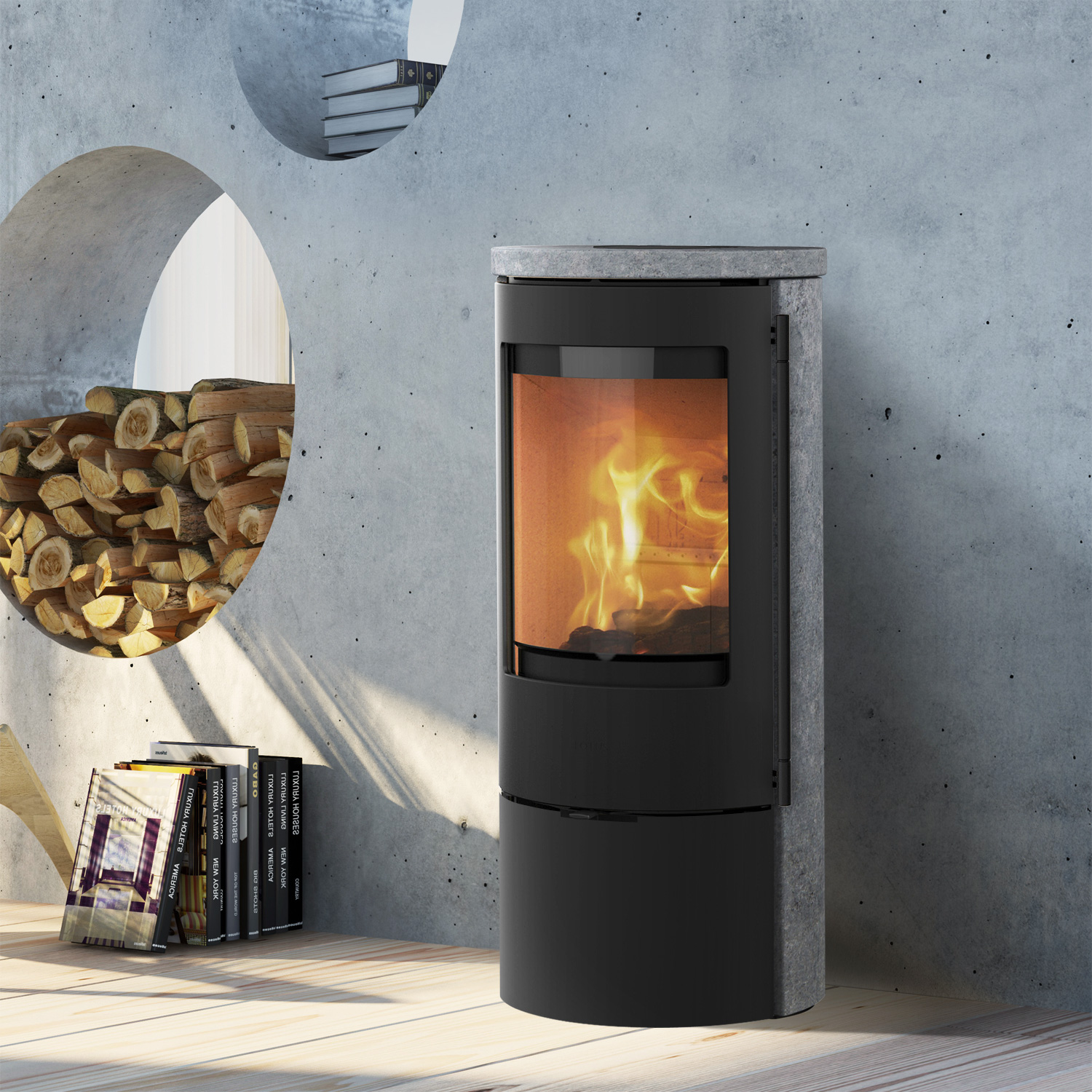 Lotus Prestige Basic S Poêle à bois en stéatite, corps noir, DIBt, raccordement de conduit de fumée à l'arrière Lotus Prestige Basic S Poêle à bois en stéatite, corps noir, DIBt, raccordement de conduit de fumée à l'arrière