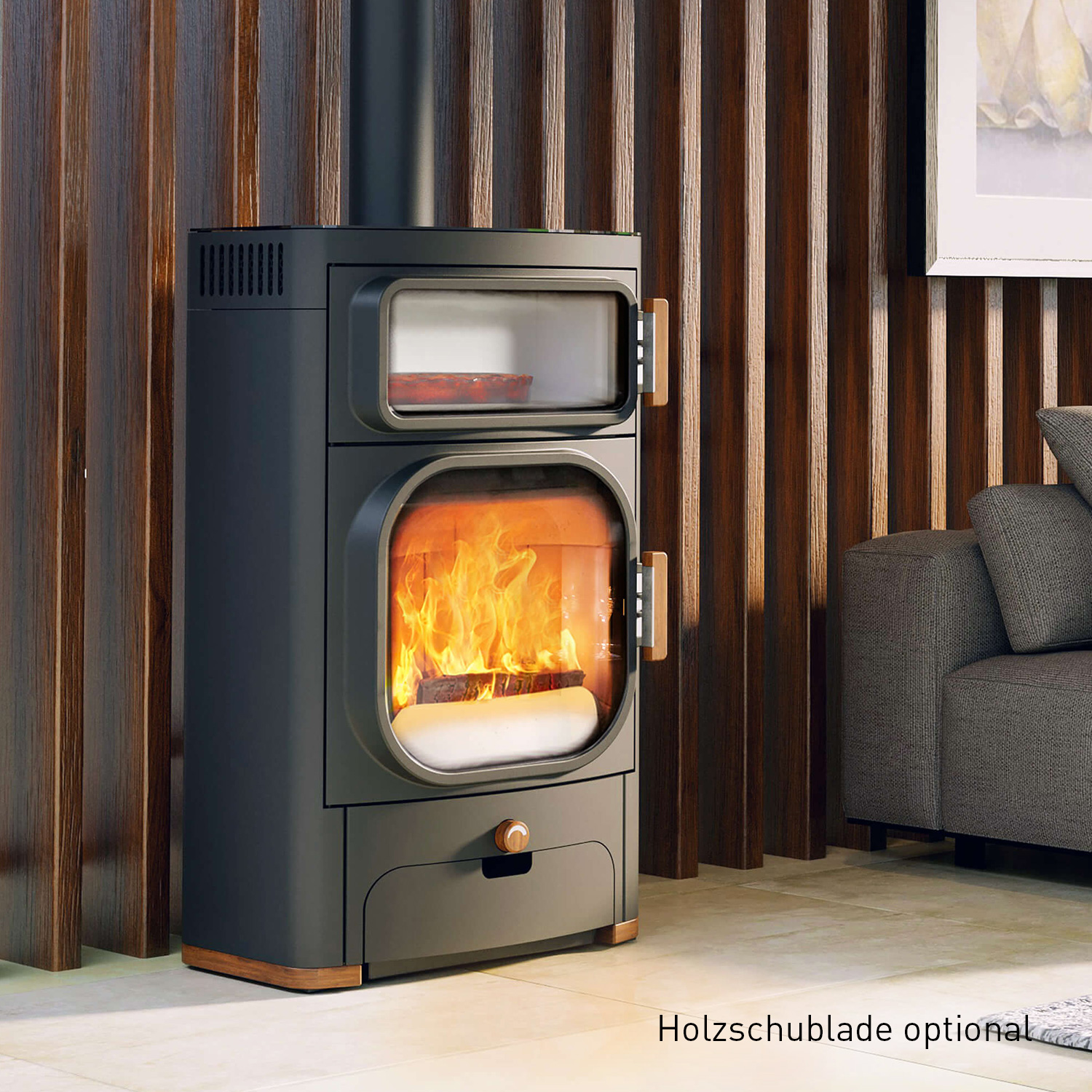 Austroflamm Heidi Back 2.0 Poêle à bois en acier gris fonte avec évacuation des fumées par le haut