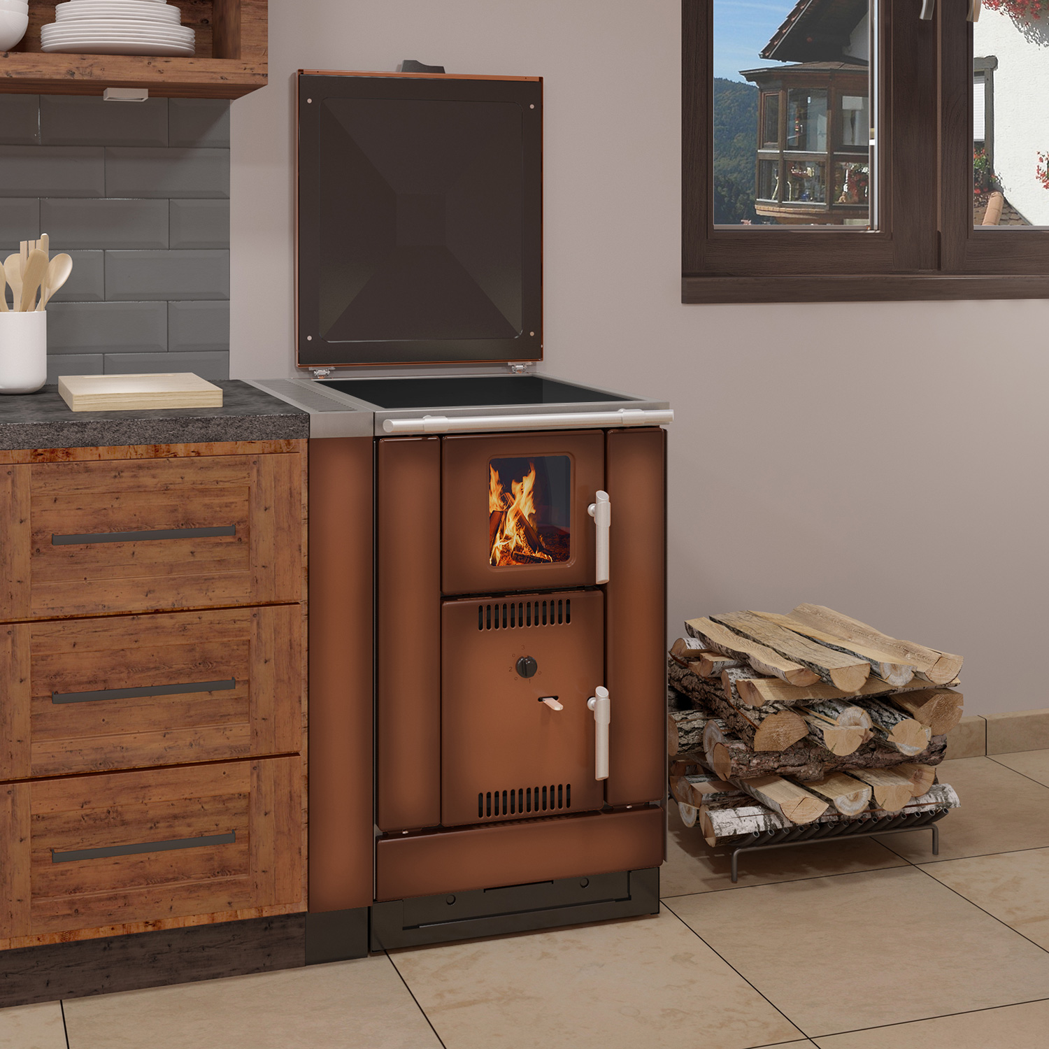 Wamsler K 158 F poêle de cuisine avec fonction hydraulique, surface de cuisson en vitrocéramique Maron.