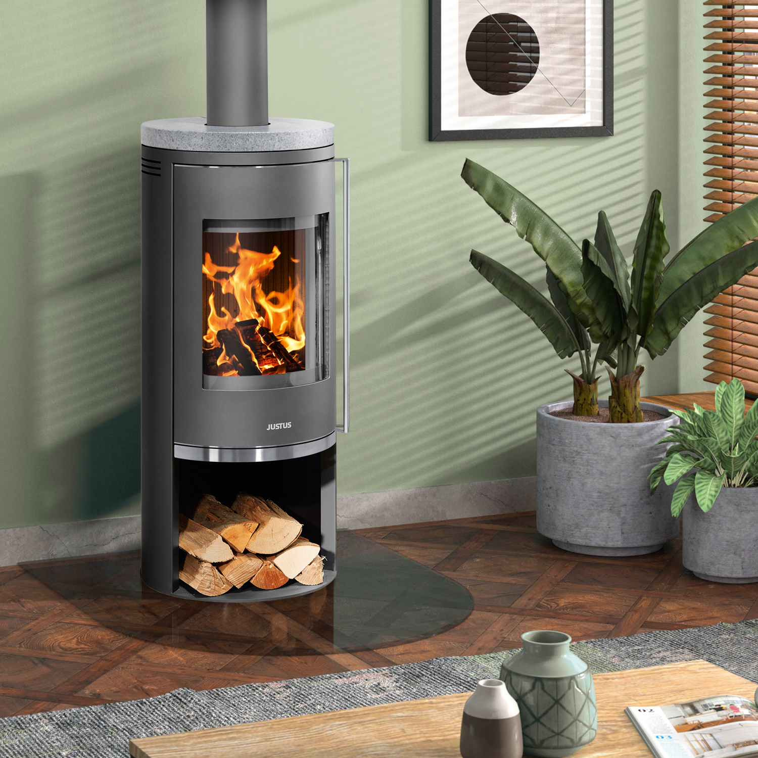 Justus Faro 2.0 Poêle à bois en acier gris fonte avec plaque de recouvrement en stéatite.