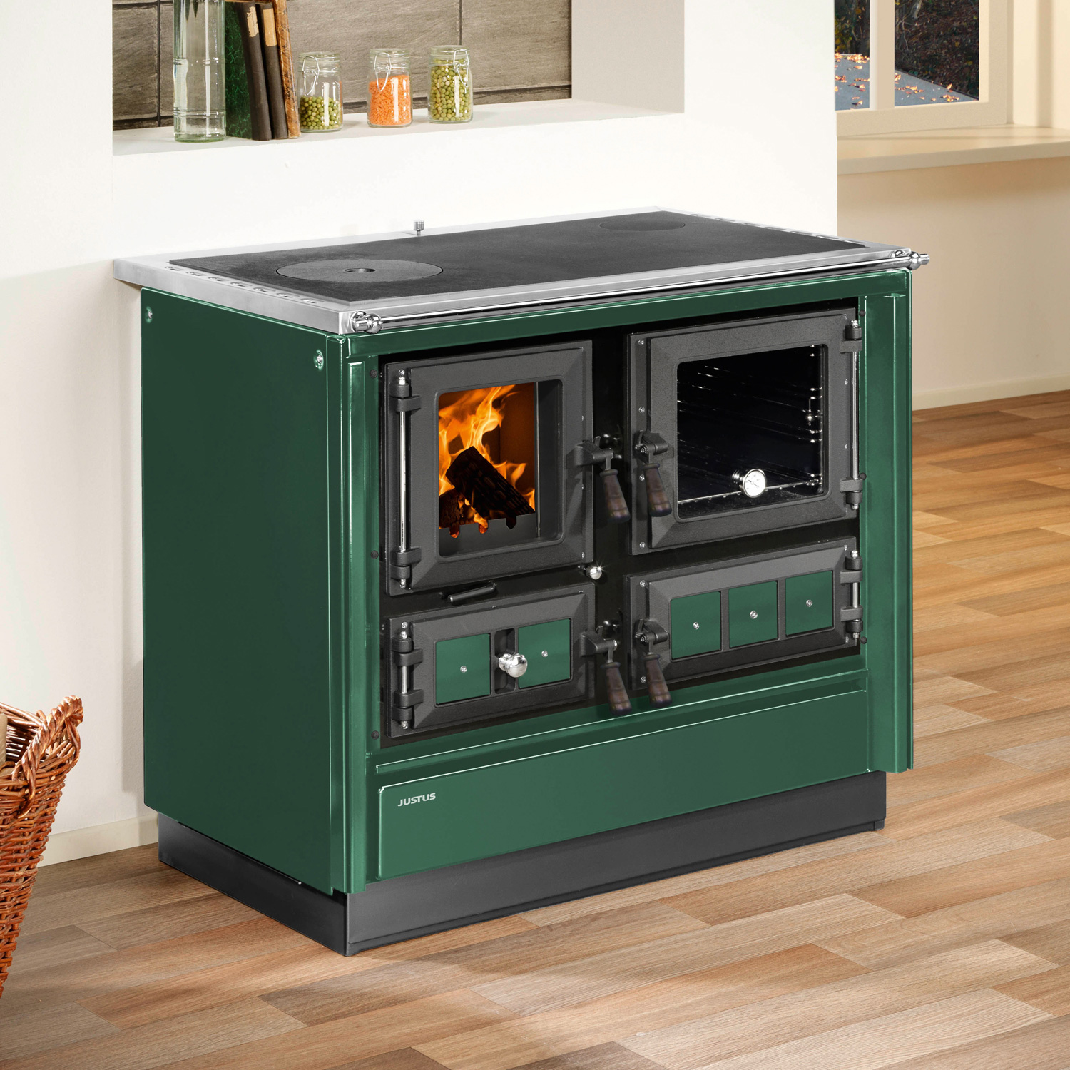 Justus Rustico-90 2.0 Poêle à bois en acier vert, four à droite