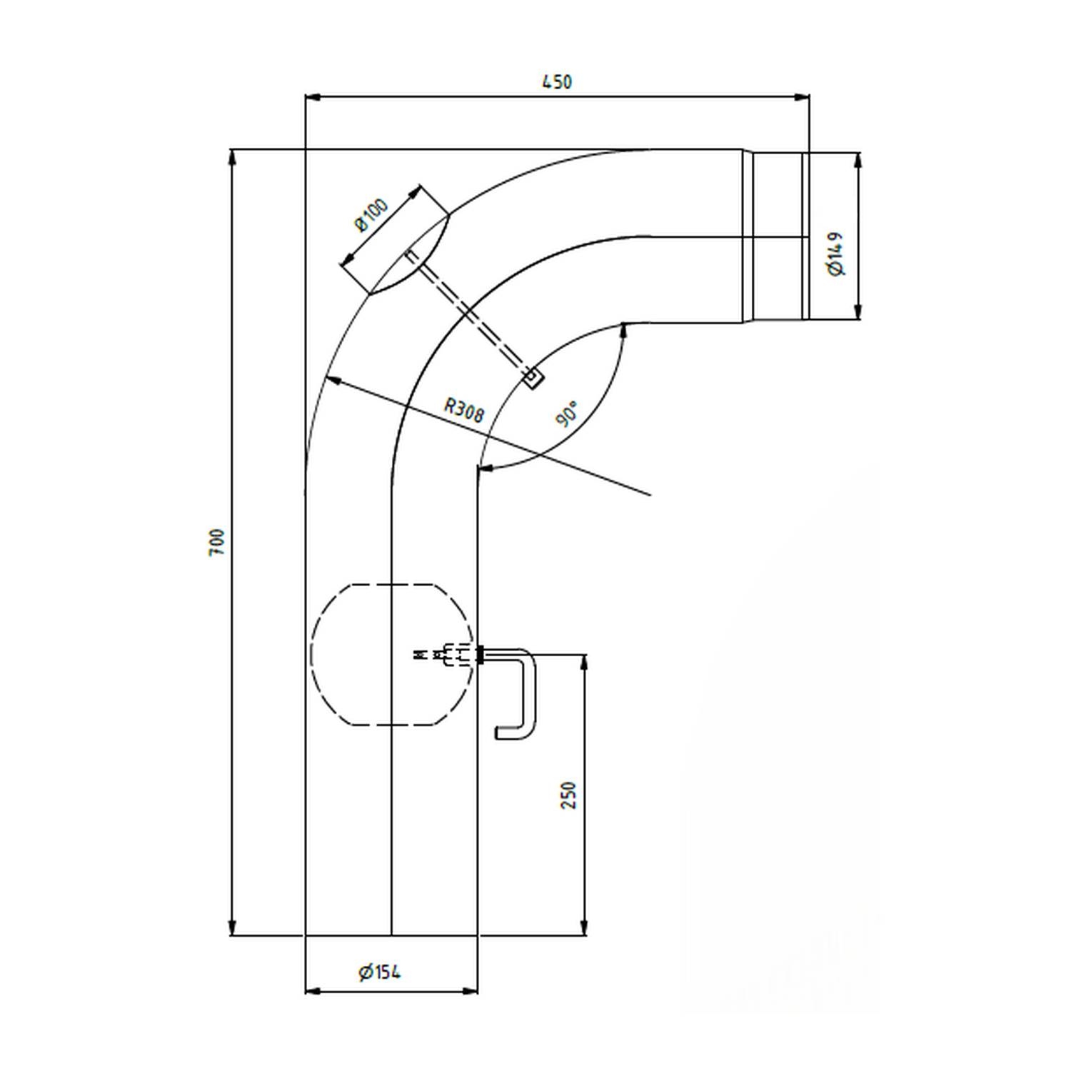 Raik coude LS diamètre 150/90° 2,00mm lisse 700/450 avec porte intégrée avec modérateur de tirage gris