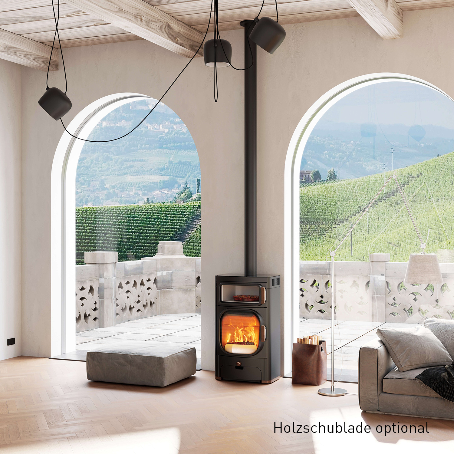 Austroflamm Heidi Back 2.0 Poêle à bois en acier gris fonte avec évacuation des fumées par le haut