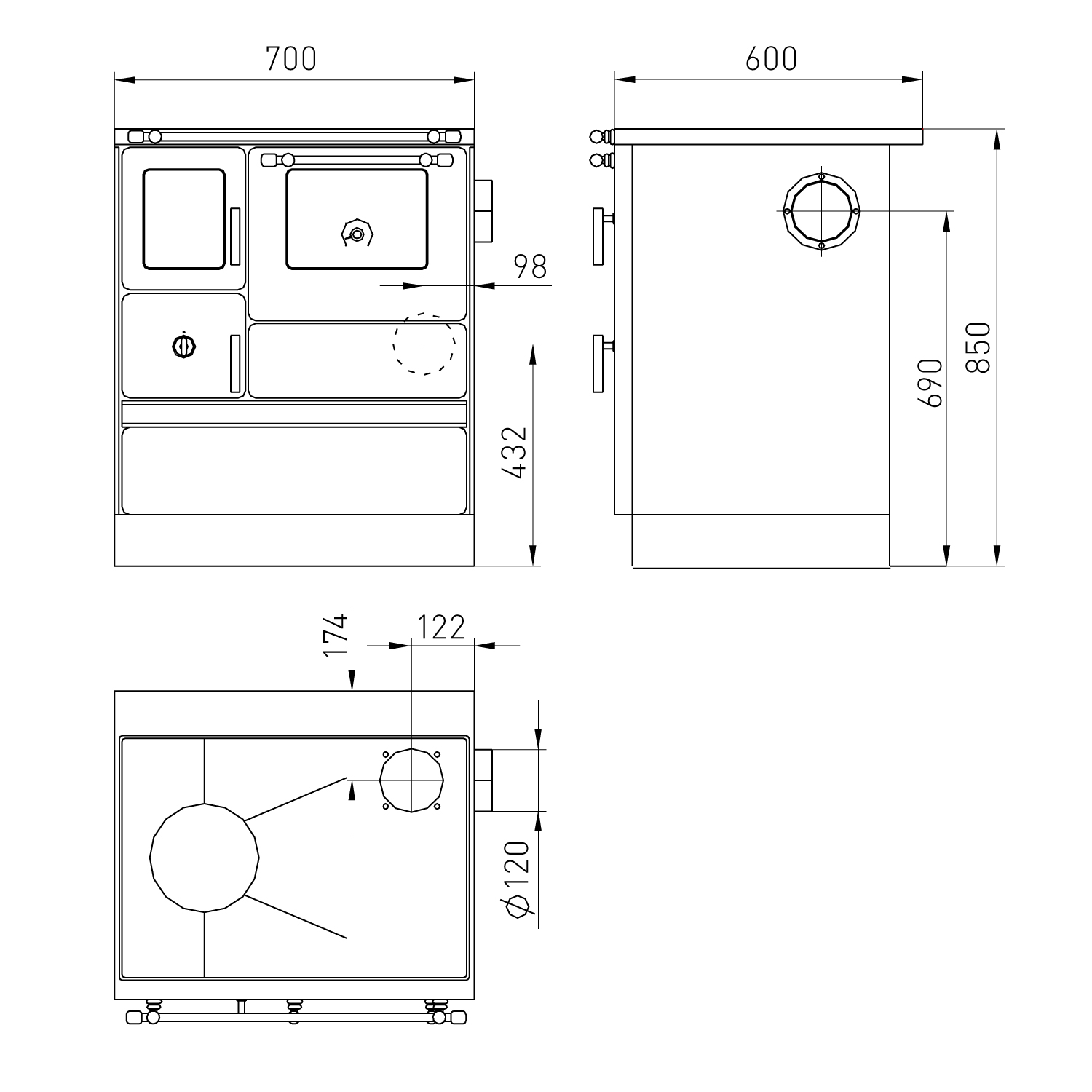 Wamsler K 176 F/A 70 Poêle de cuisine en acier noir, four à droite