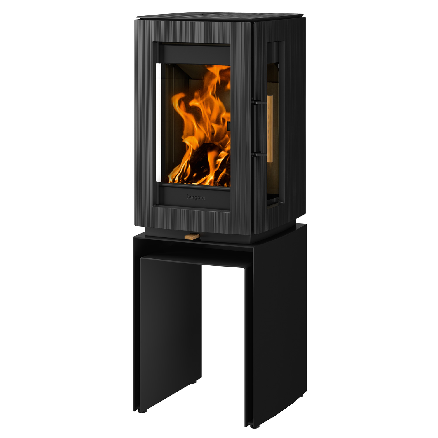 Poêle à bois Hergom Glow en fonte noire avec rehausse de banc