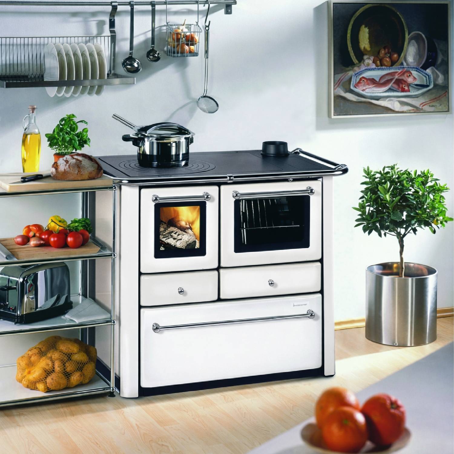 Westminster cuisinière à bois K 85 F II blanc raccordement tuyaux droit