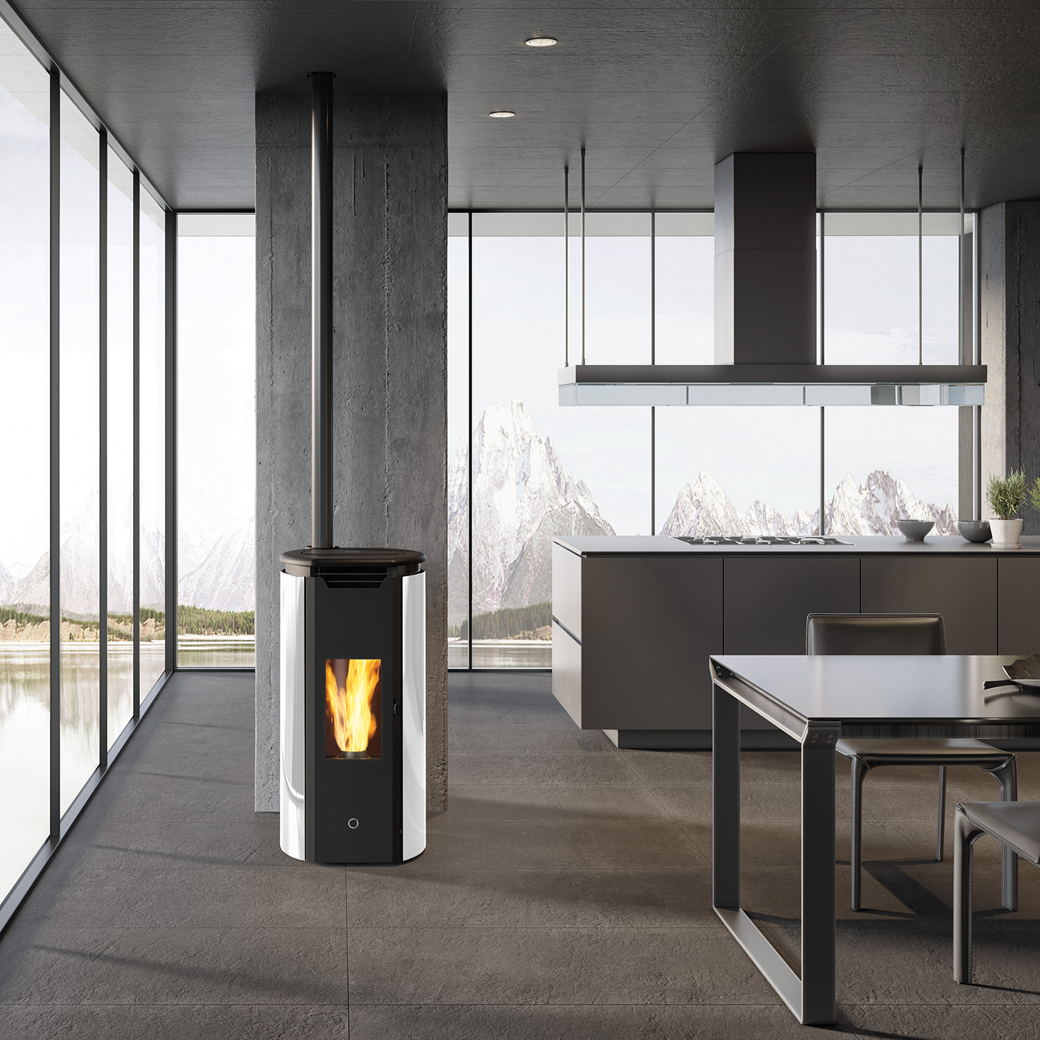 EK63 Tweed90+ poêle à granulés verre blanc raccordement tuyaux en haut
