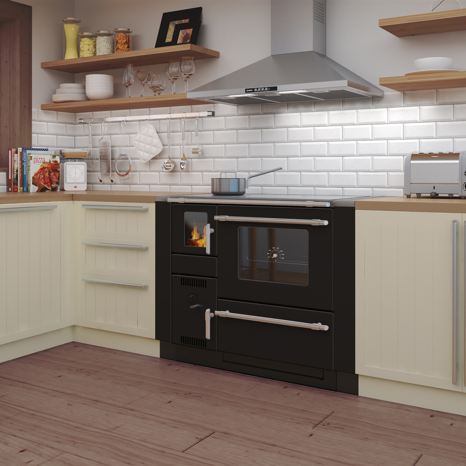 Wamsler K 139 F Cuisinière à bois à gauche noir avec plaque vitrocéramique, raccordement par le haut