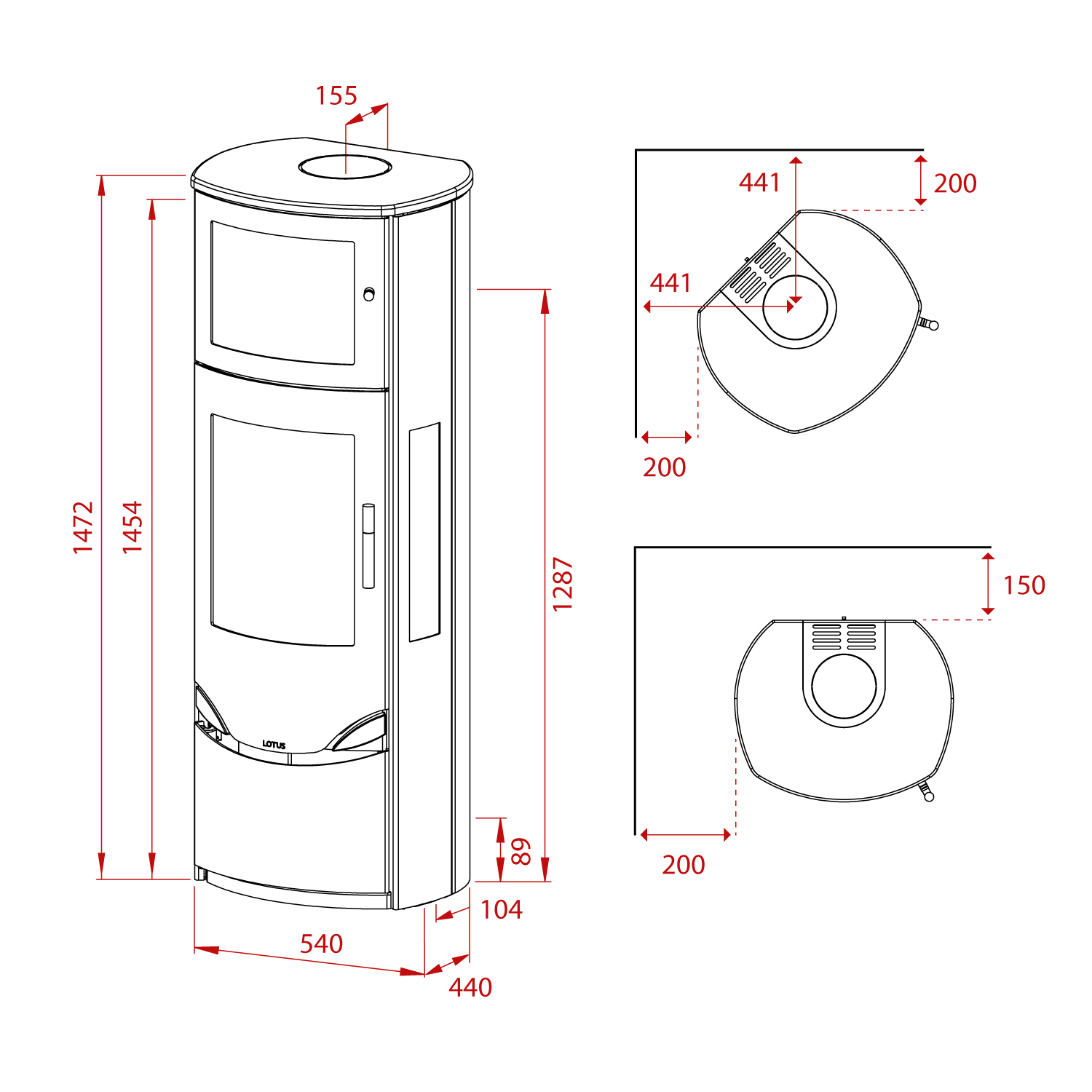 Lotus Prio 7 Poêle à bois Acier Gris avec Compartiment four / Verre latéral , RR arrière ou RR haut