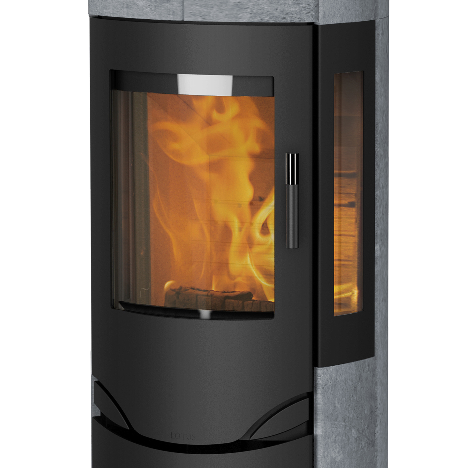 Poêle à bois Lotus Prio M Noir/ Pierre ollaire/ Verre latéral, évacuation des fumées par le haut